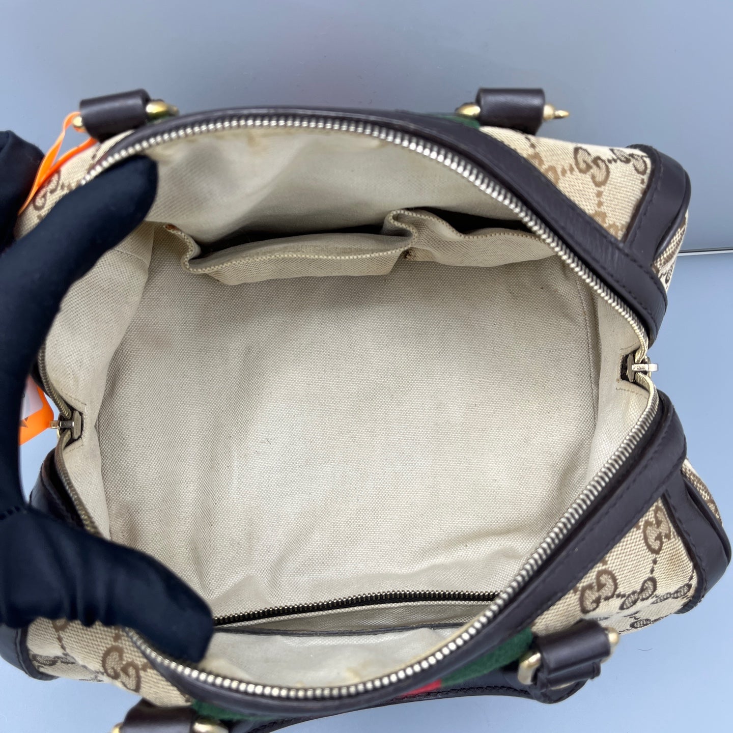 Gucci - Boston Bag - GG Monogram Canvas with Leather trim - Beige and Brown with Red and Green accents - (mini)