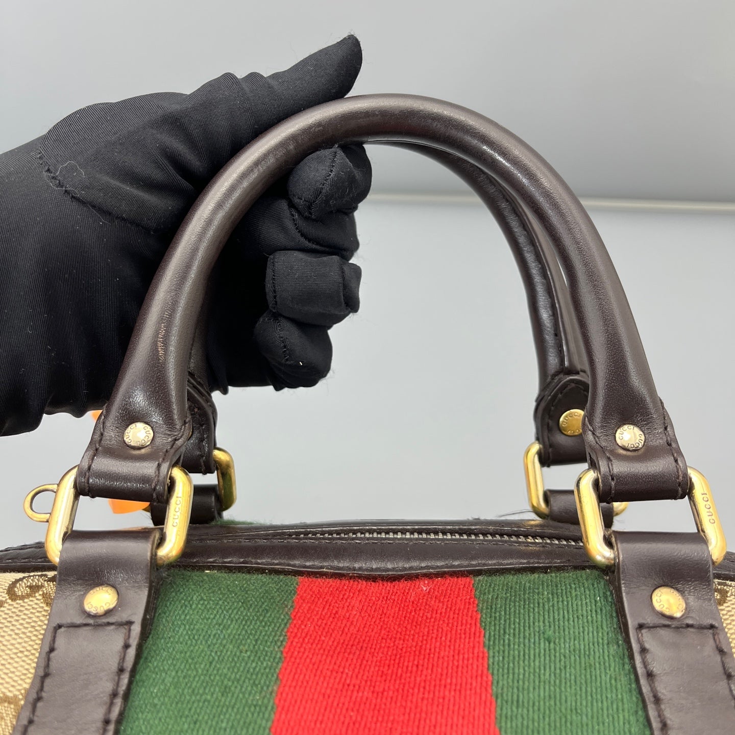 Gucci - Boston Bag - GG Monogram Canvas with Leather trim - Beige and Brown with Red and Green accents - (mini)