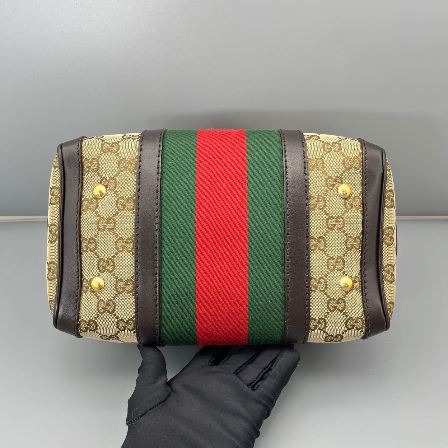 Gucci - Boston Bag - GG Monogram Canvas with Leather trim - Beige and Brown with Red and Green accents - (mini)