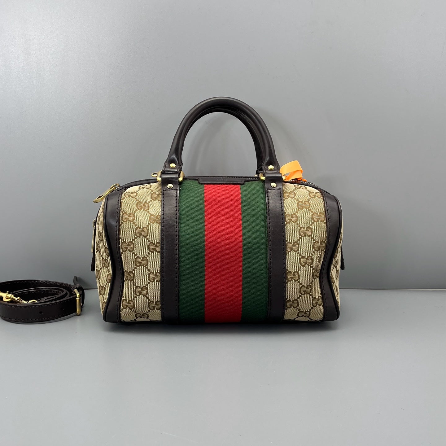 Gucci - Boston Bag - GG Monogram Canvas with Leather trim - Beige and Brown with Red and Green accents - (mini)