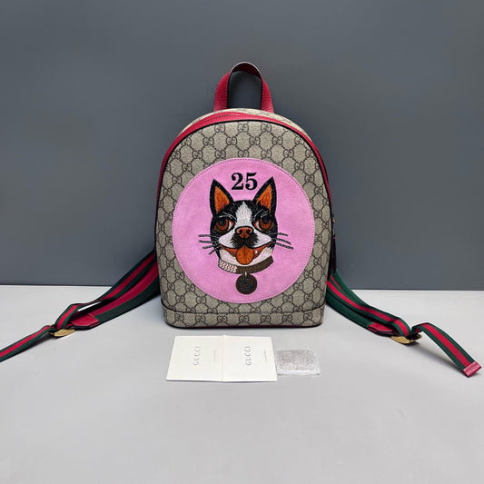 Gucci - Boston Terrier Embroidery Monogram Canvas Backpack - Canvas - Beige - (Medium)