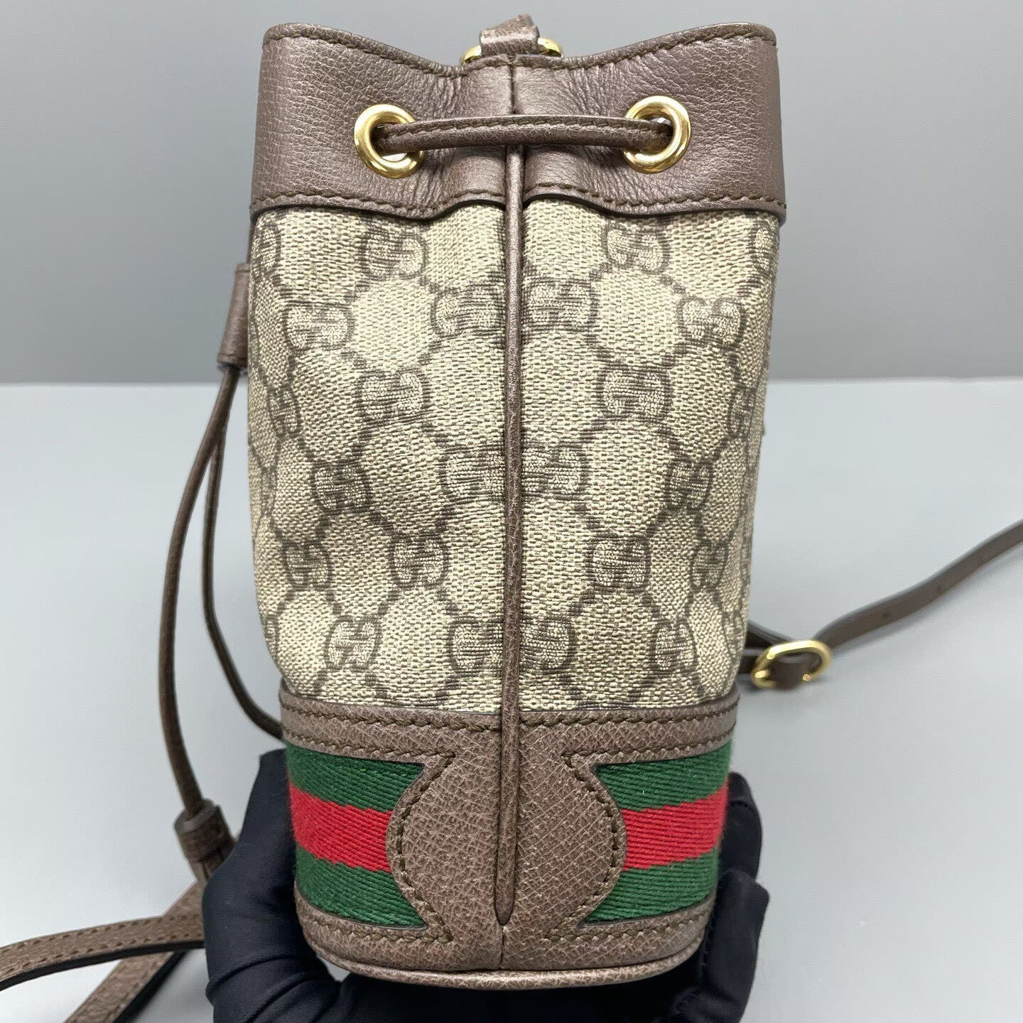 Gucci - Bucket bag - GG Supreme canvas with leather trim - Ebony (Brown) with red and green Web stripe - (mini)