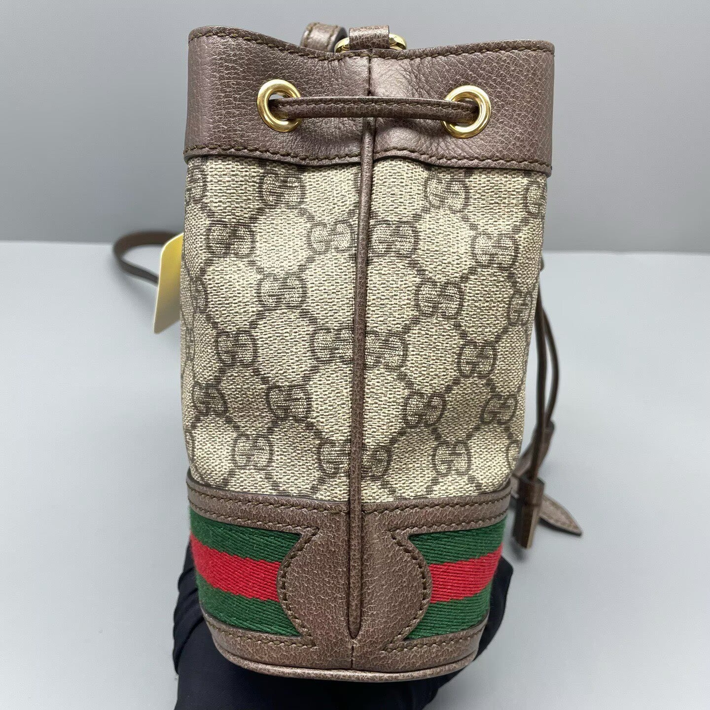 Gucci - Bucket bag - GG Supreme canvas with leather trim - Ebony (Brown) with red and green Web stripe - (mini)