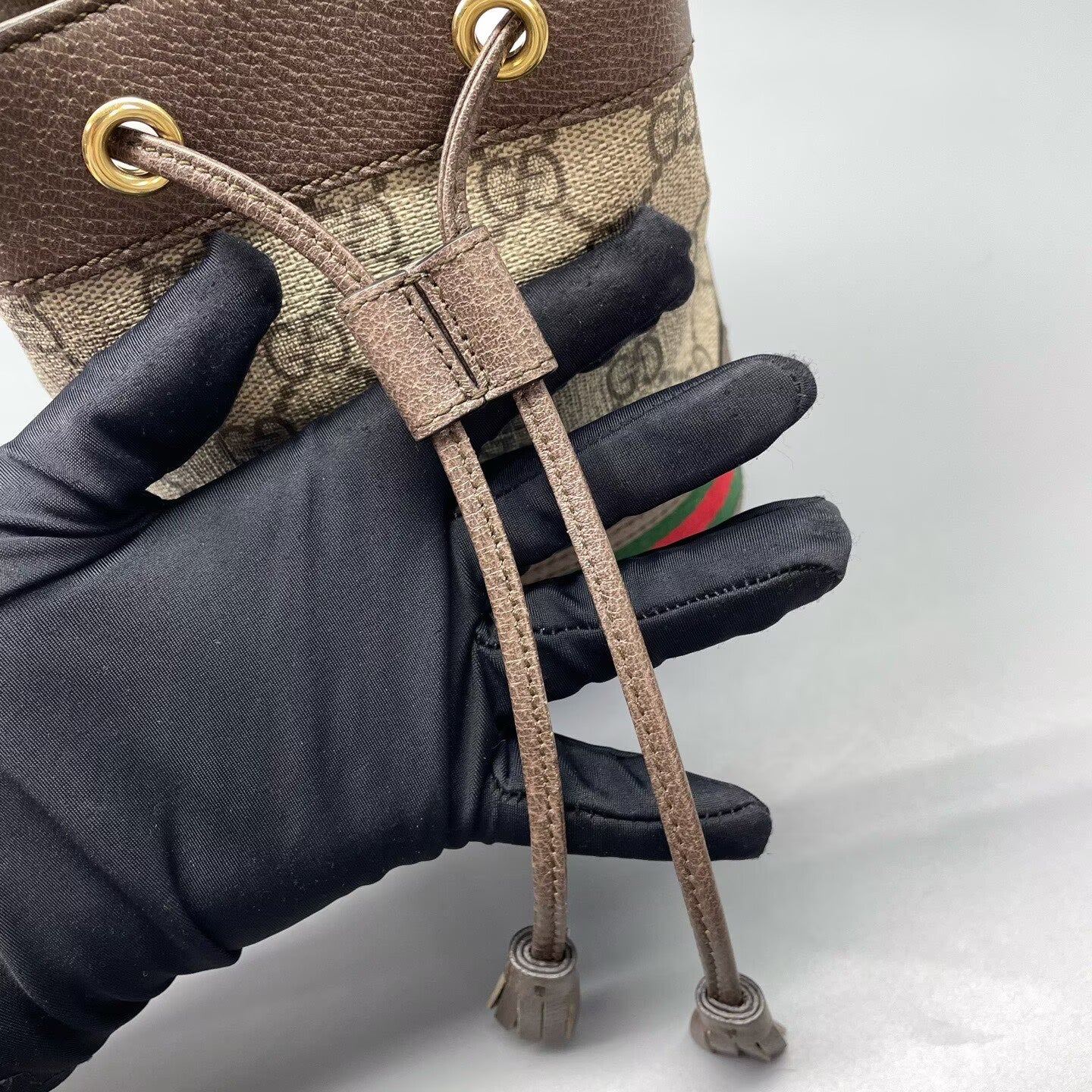 Gucci - Bucket bag - GG Supreme canvas with leather trim - Ebony (Brown) with red and green Web stripe - (mini)
