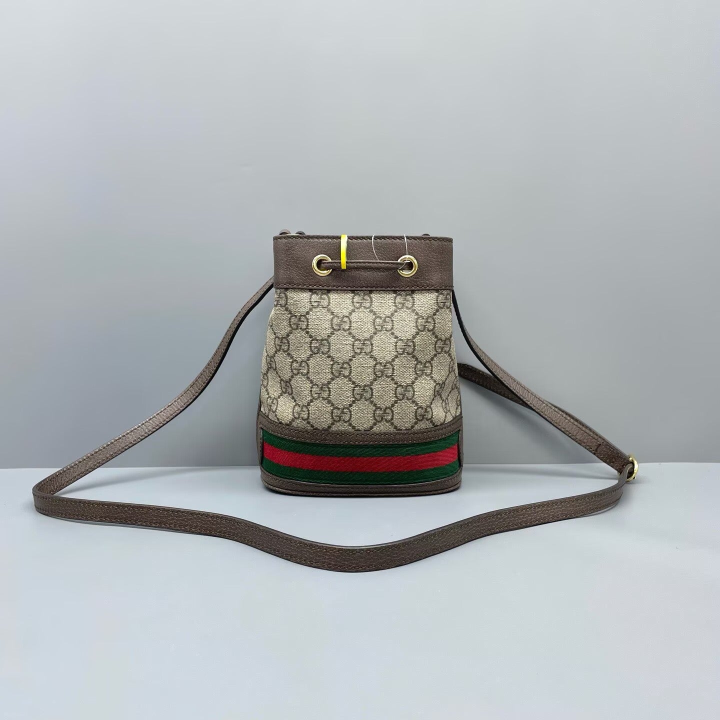 Gucci - Bucket bag - GG Supreme canvas with leather trim - Ebony (Brown) with red and green Web stripe - (mini)