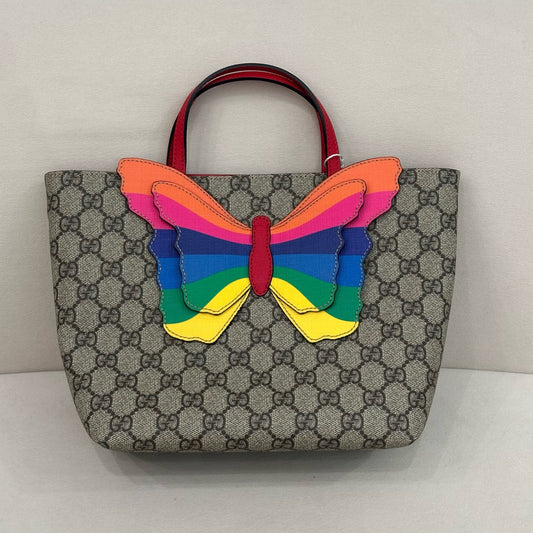 Gucci - Children's Rainbow Butterfly Tote Bag - GG Supreme canvas with leather trim - Beige with Multicolour and Red accents - (mini)