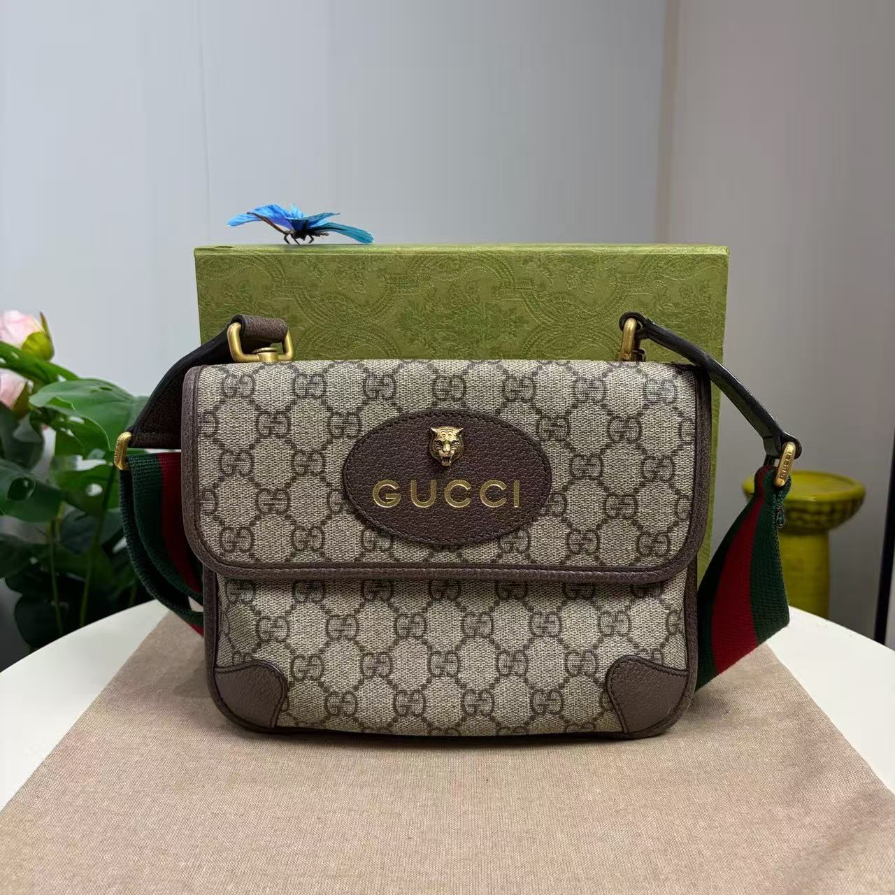 Gucci - Dionysus Double-Sided Tiger Head Small Flap Bag - GG Supreme coated canvas with brown leather trim - Beige with brown accents and multi-color web strap - (Small)