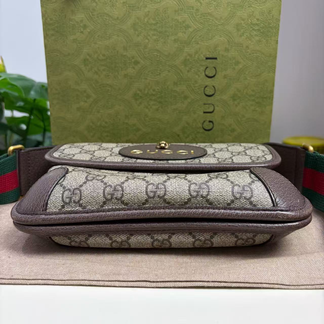 Gucci - Dionysus Double-Sided Tiger Head Small Flap Bag - GG Supreme coated canvas with brown leather trim - Beige with brown accents and multi-color web strap - (Small)