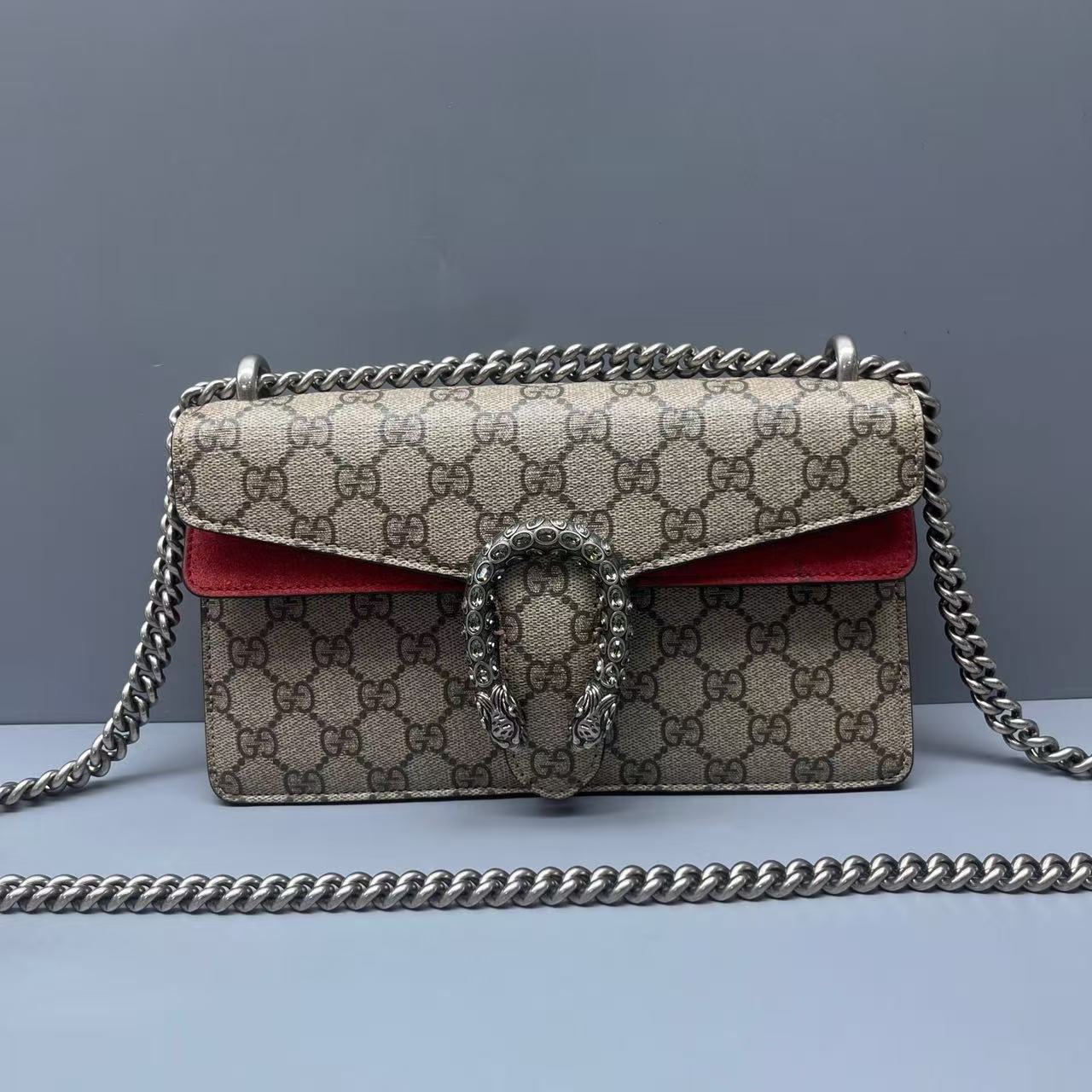 Gucci - Dionysus Mini Chain Bag - GG Supreme canvas with suede trim - Beige and Red - (mini)