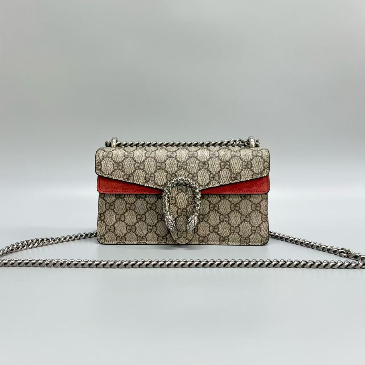 Gucci - Dionysus Shoulder Bag - GG Supreme canvas with red suede trim - Beige and Red - (small)