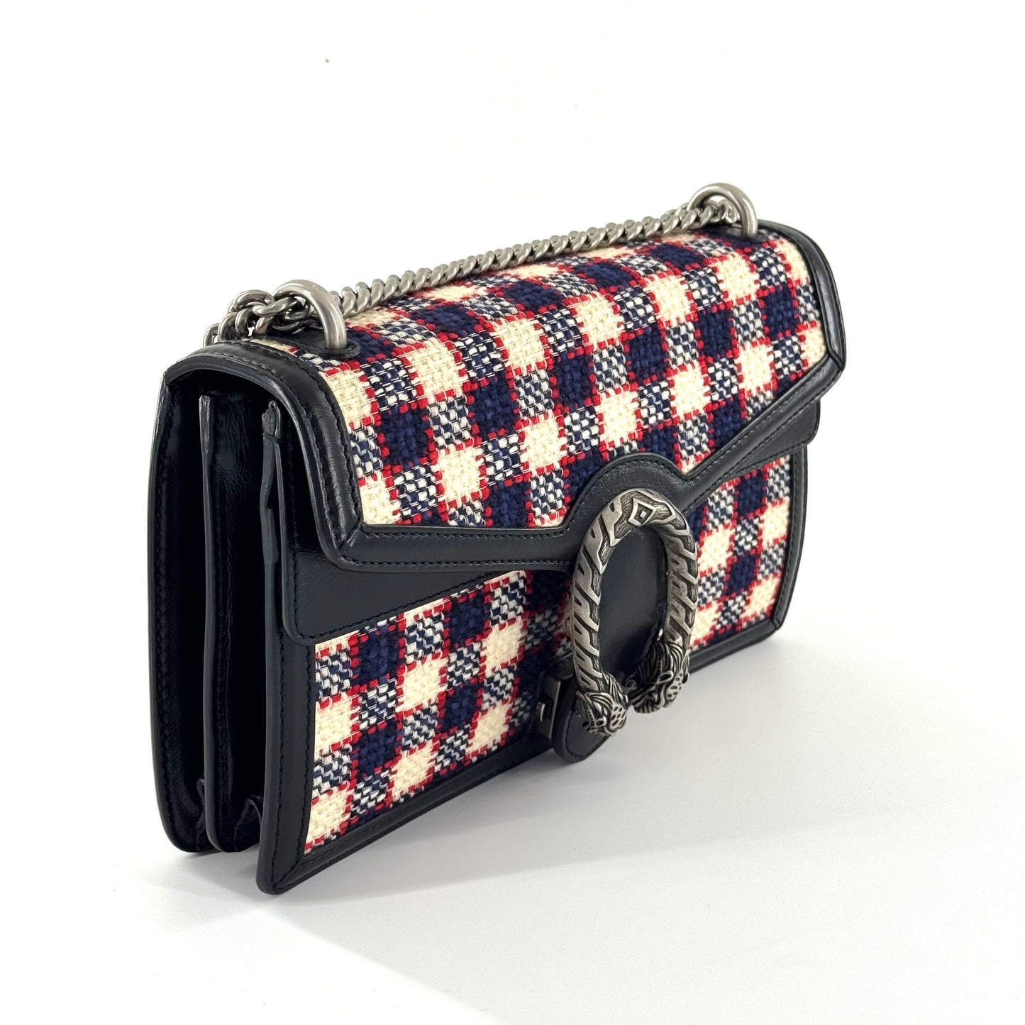 Gucci - Dionysus Shoulder Bag - Wool tweed with leather trim - Multicolour (Red, White, Blue plaid with Black leather) - (Medium)