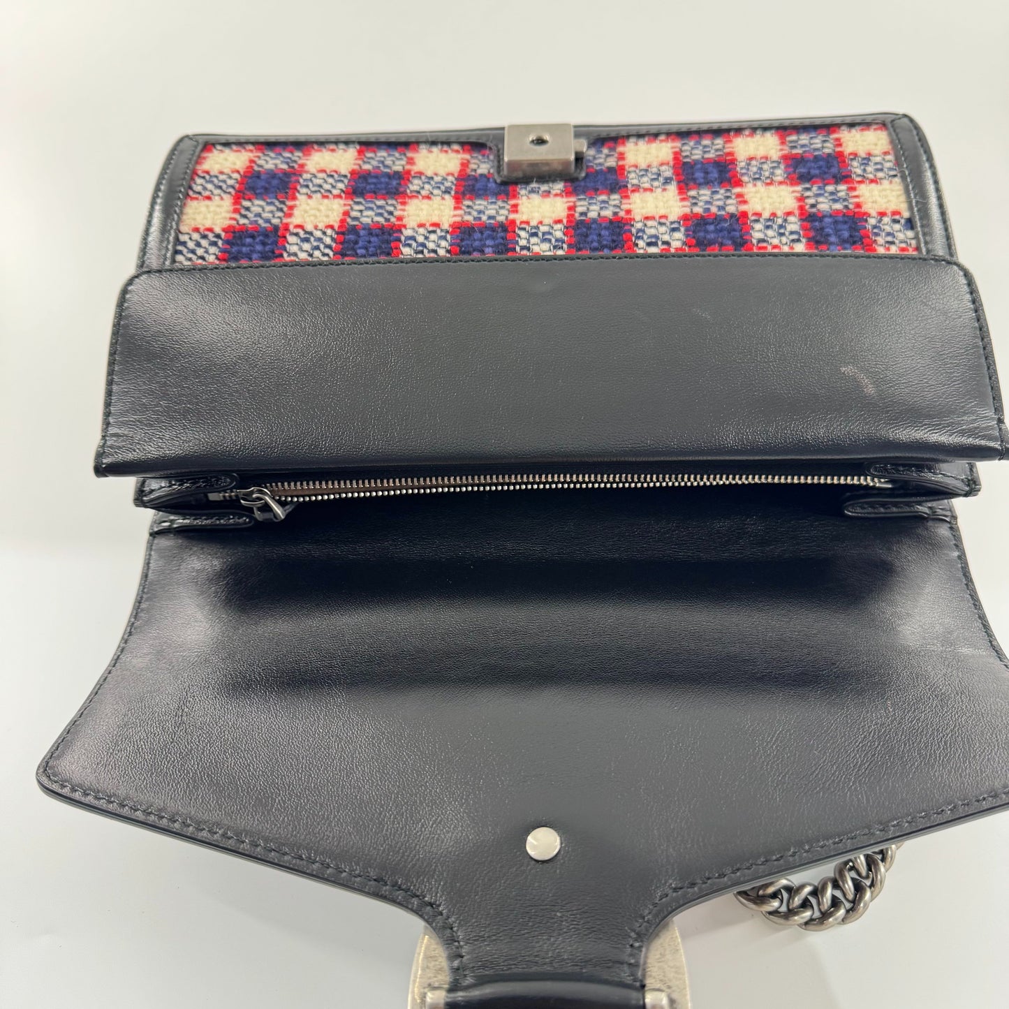 Gucci - Dionysus Shoulder Bag - Wool tweed with leather trim - Multicolour (Red, White, Blue plaid with Black leather) - (Medium)