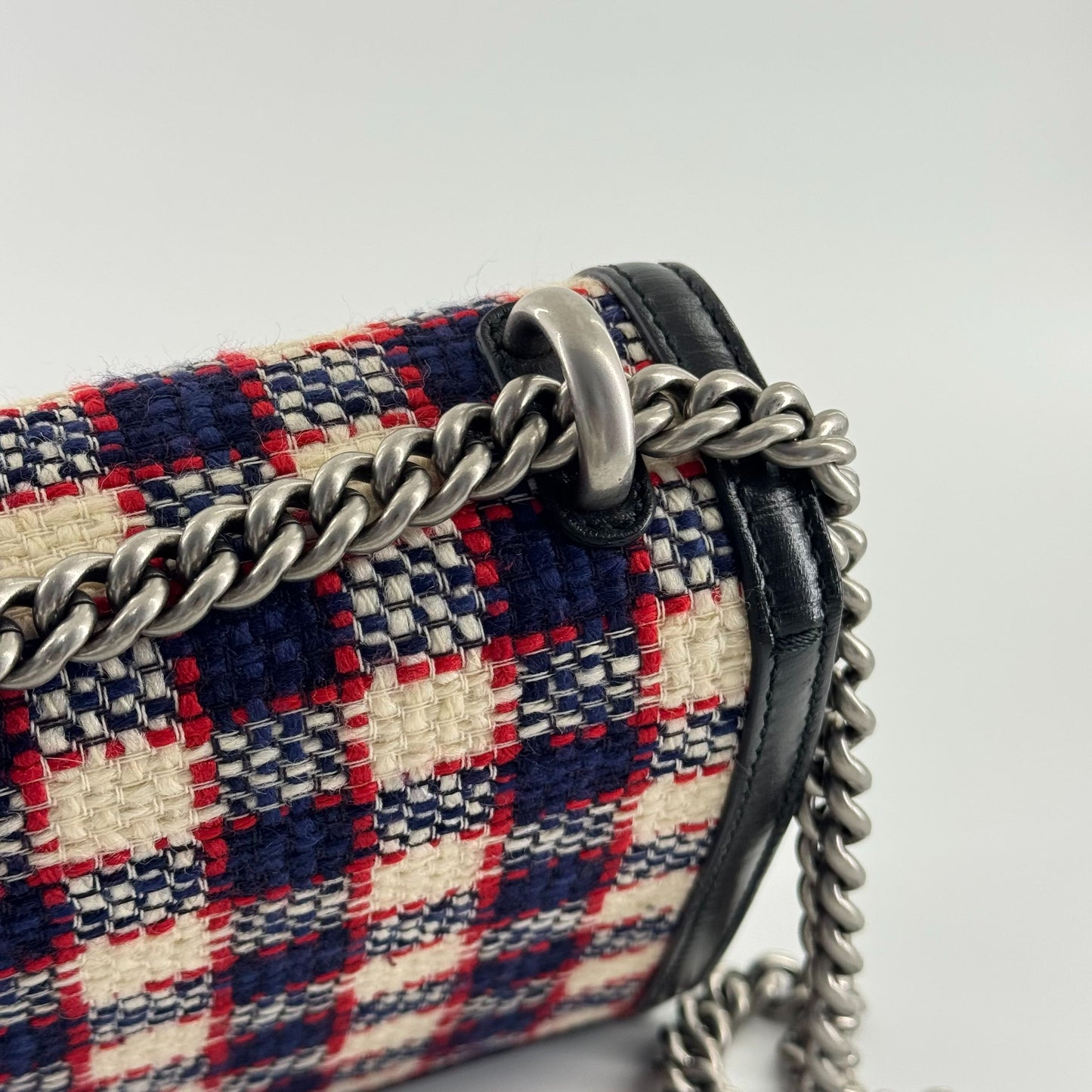 Gucci - Dionysus Shoulder Bag - Wool tweed with leather trim - Multicolour (Red, White, Blue plaid with Black leather) - (Medium)