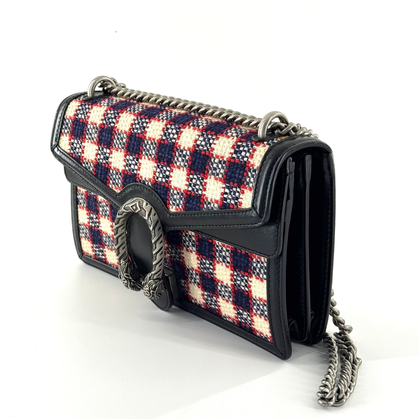 Gucci - Dionysus Shoulder Bag - Wool tweed with leather trim - Multicolour (Red, White, Blue plaid with Black leather) - (Medium)