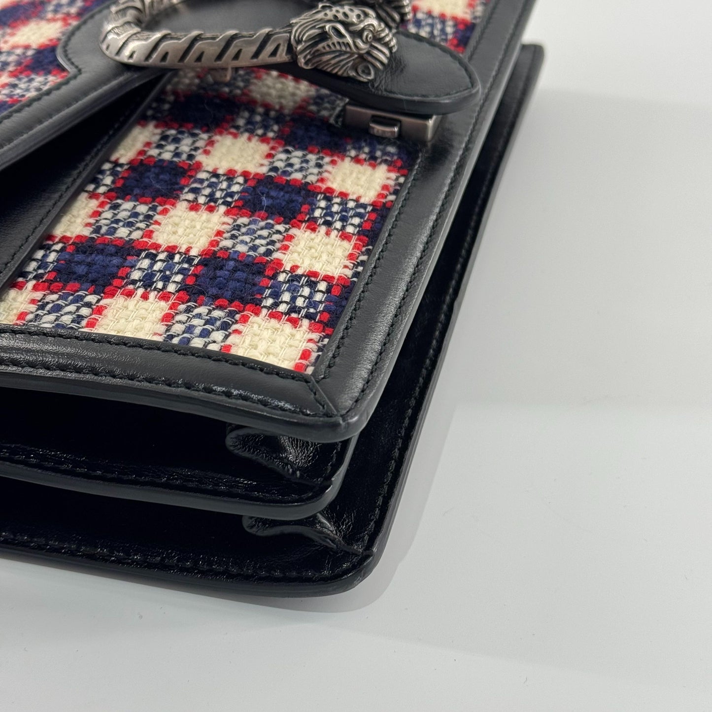 Gucci - Dionysus Shoulder Bag - Wool tweed with leather trim - Multicolour (Red, White, Blue plaid with Black leather) - (Medium)
