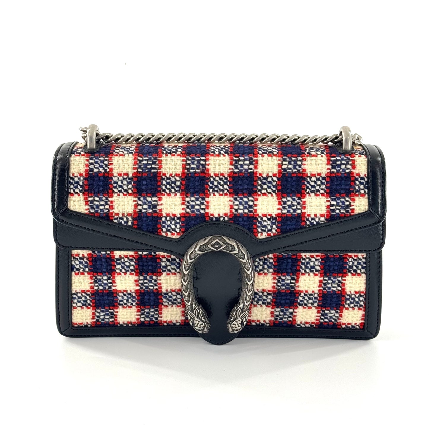 Gucci - Dionysus Shoulder Bag - Wool tweed with leather trim - Multicolour (Red, White, Blue plaid with Black leather) - (Medium)