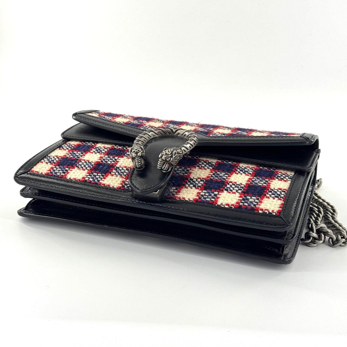Gucci - Dionysus Shoulder Bag - Wool tweed with leather trim - Multicolour (Red, White, Blue plaid with Black leather) - (Medium)