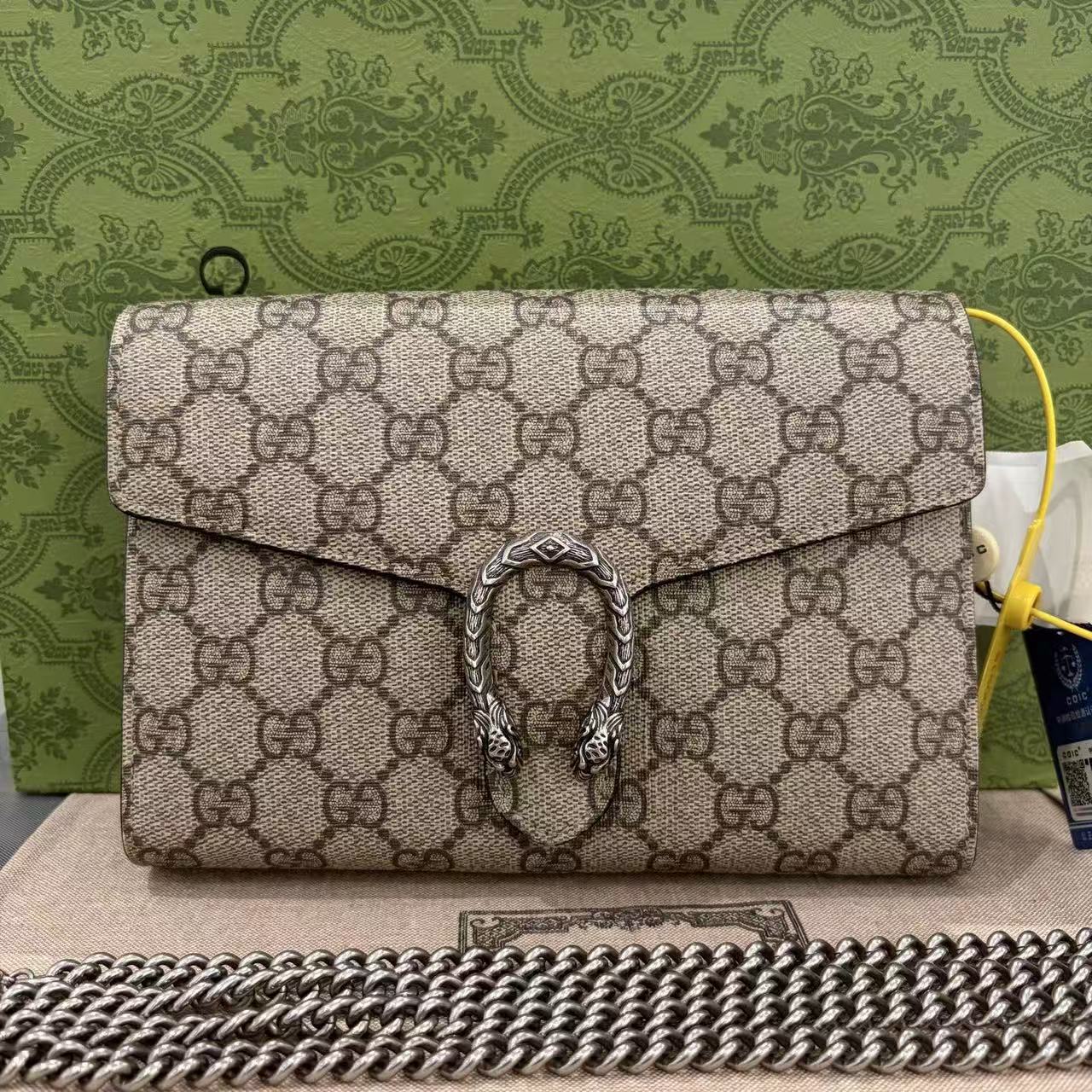 Gucci - Dionysus Wallet on Chain - GG Supreme canvas with leather trim and interior - Beige and Black - (mini)