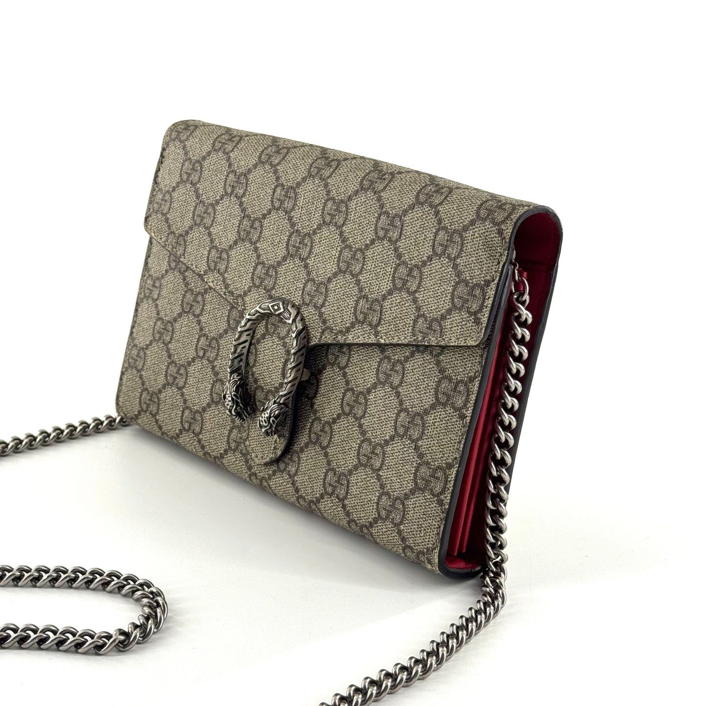 Gucci - Dionysus Wallet on Chain (WOC) - GG Supreme canvas with leather trim - Beige and Brown with Red Interior - (mini)