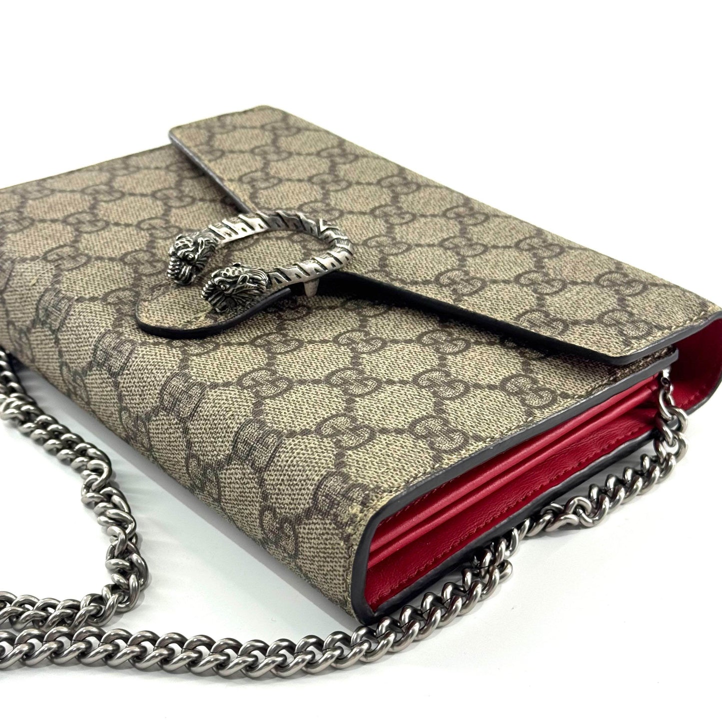 Gucci - Dionysus Wallet on Chain (WOC) - GG Supreme canvas with leather trim - Beige and Brown with Red Interior - (mini)