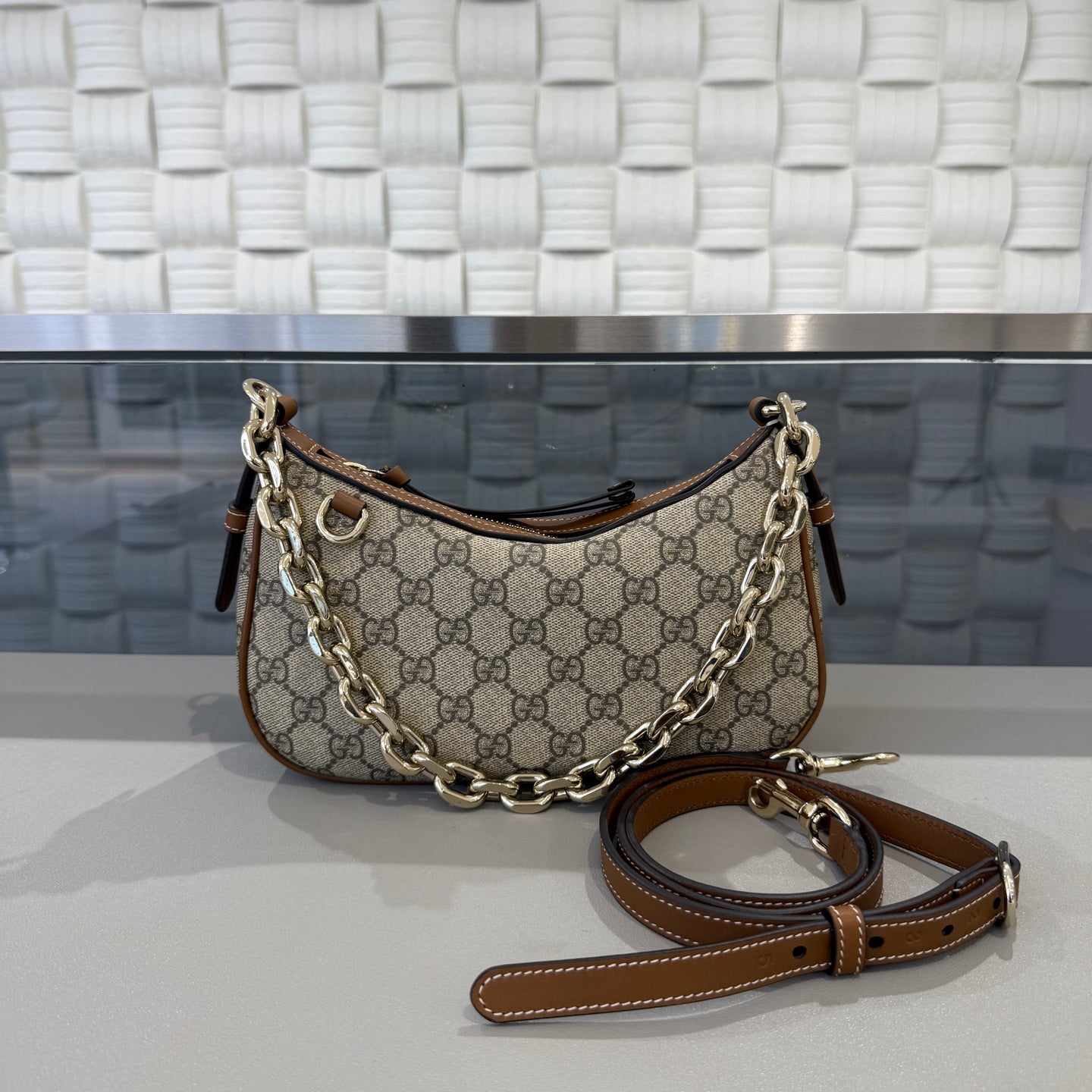 Gucci - Emblem Crescent Bag - GG Supreme canvas with leather trim - Beige - (small)