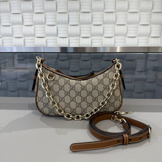 Gucci - Emblem Crescent Bag - GG Supreme canvas with leather trim - Beige - (small)