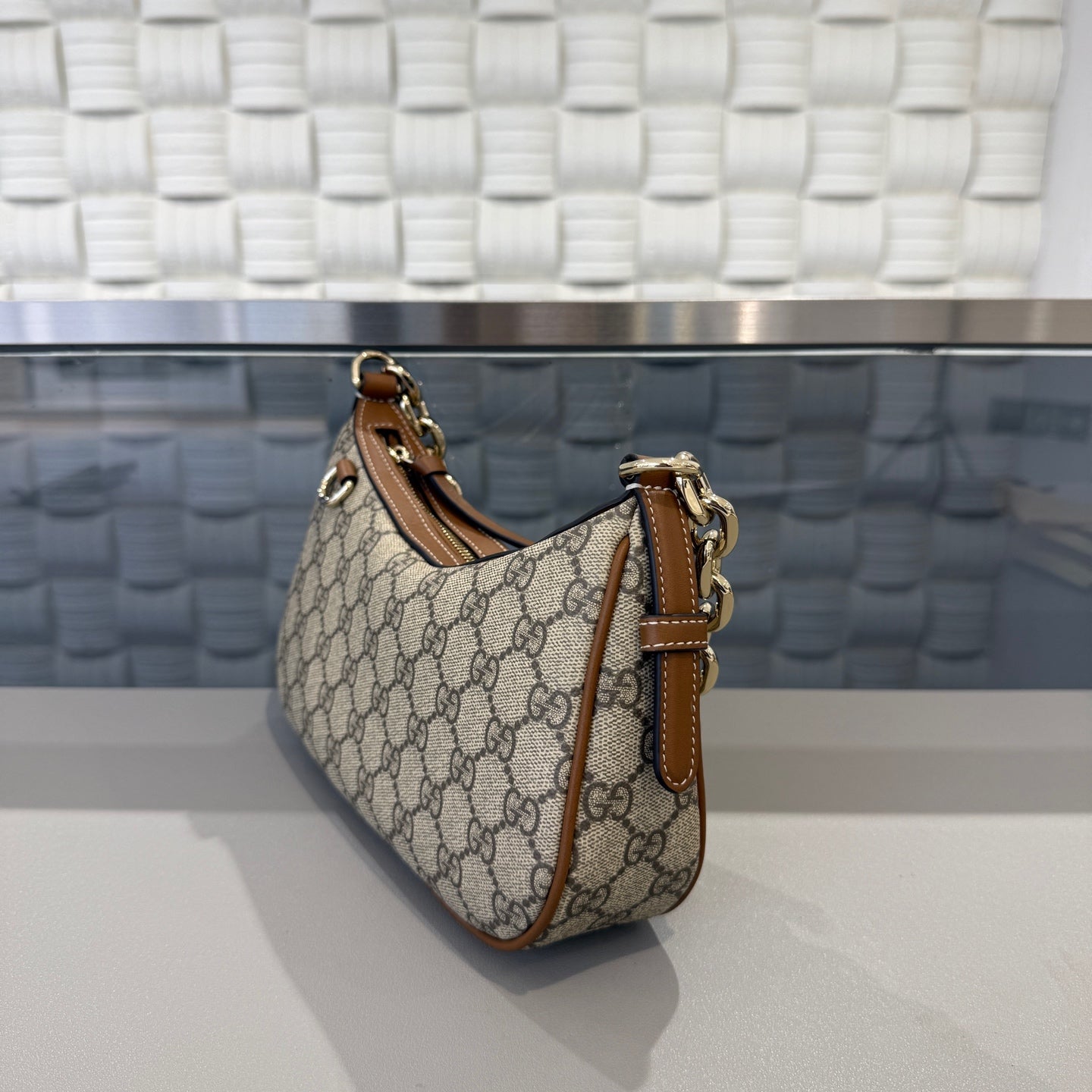 Gucci - Emblem Crescent Bag - GG Supreme canvas with leather trim - Beige - (small)