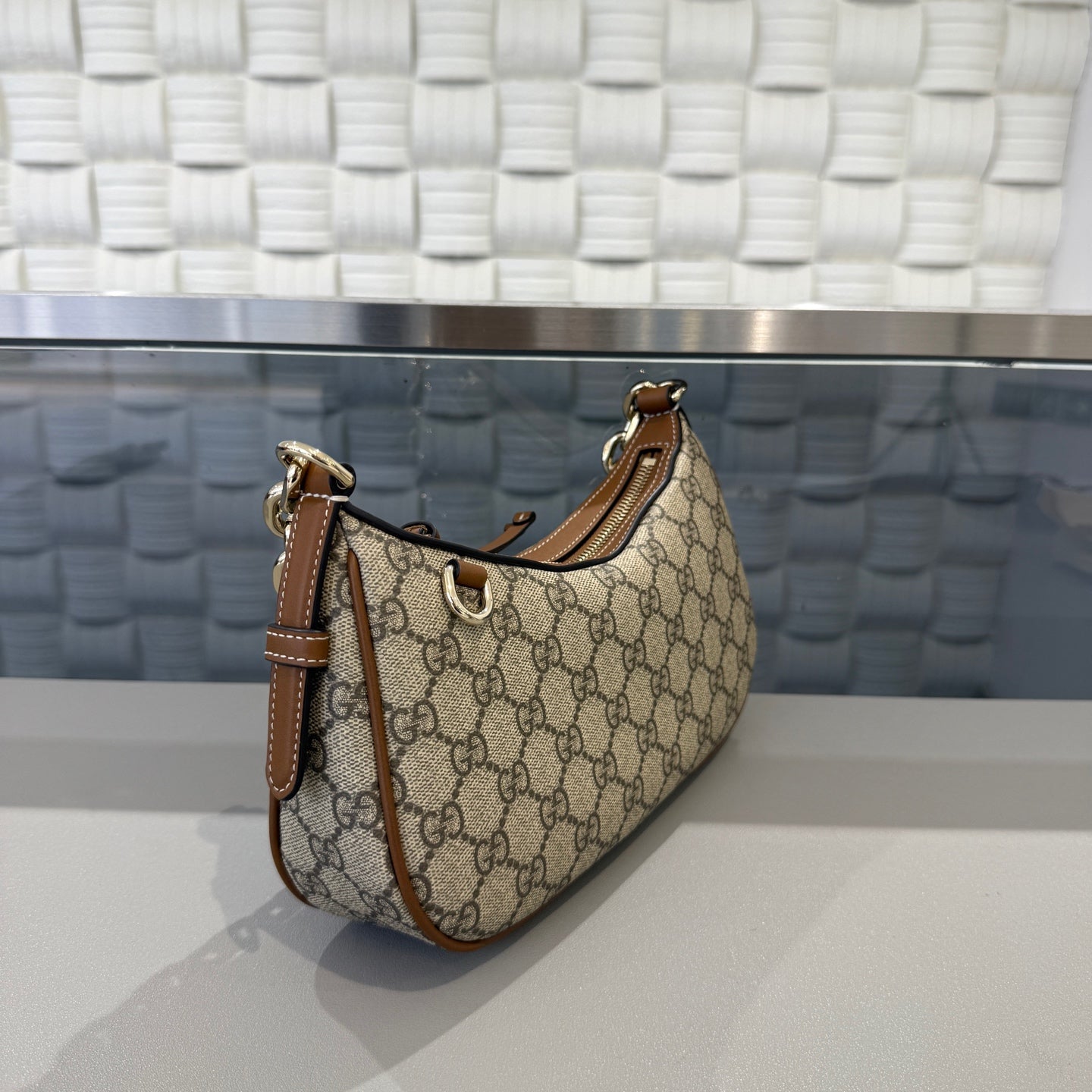 Gucci - Emblem Crescent Bag - GG Supreme canvas with leather trim - Beige - (small)