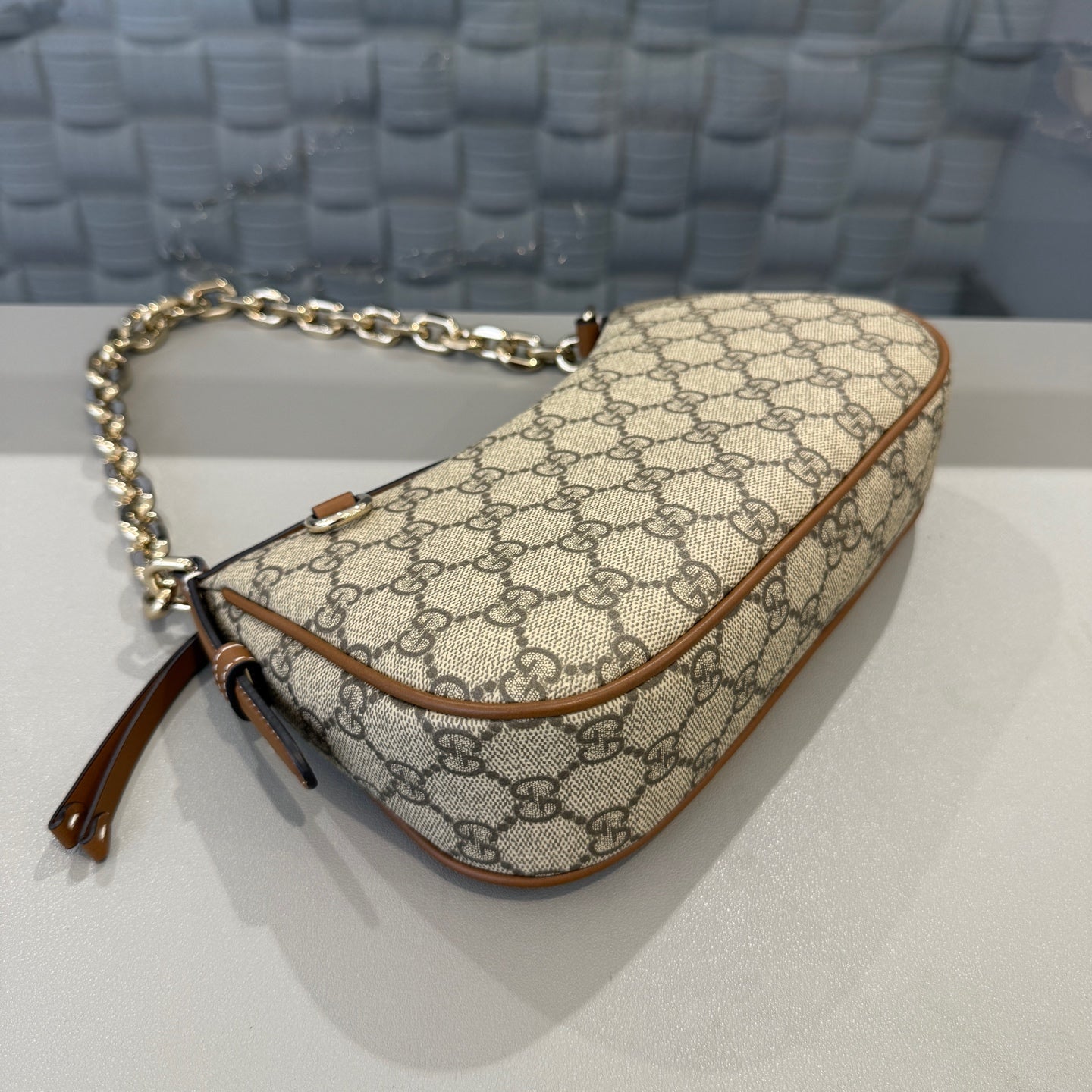 Gucci - Emblem Crescent Bag - GG Supreme canvas with leather trim - Beige - (small)