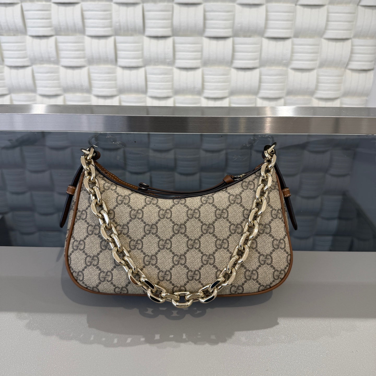 Gucci - Emblem Crescent Bag - GG Supreme canvas with leather trim - Beige - (small)