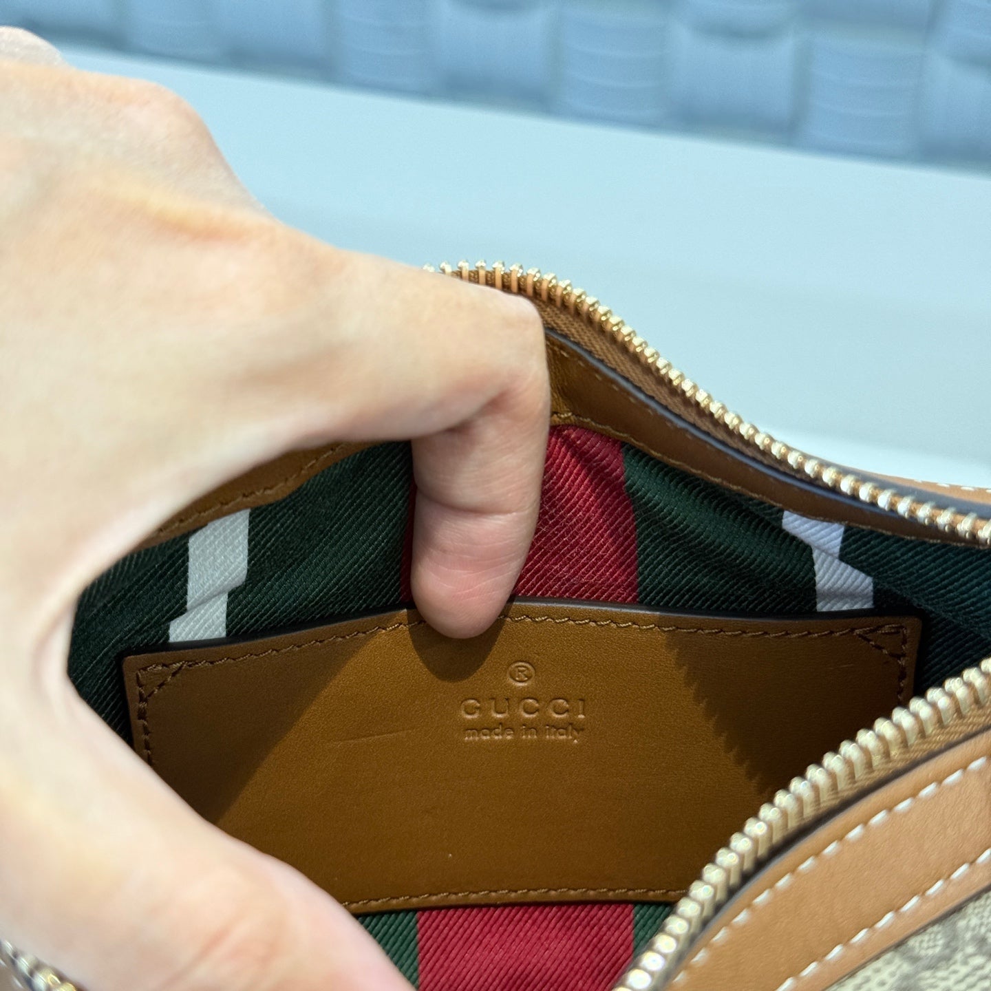Gucci - Emblem Crescent Bag - GG Supreme canvas with leather trim - Beige - (small)