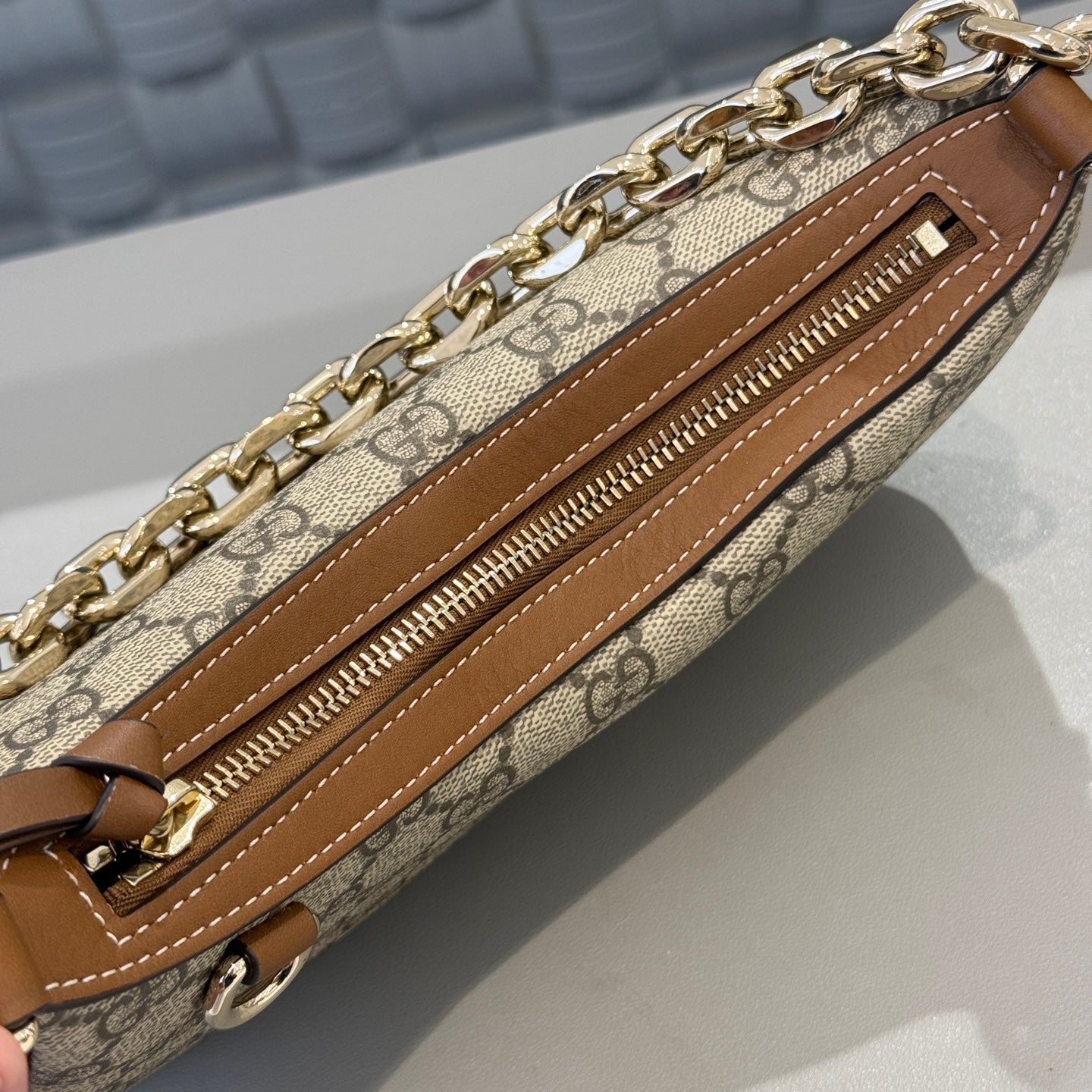 Gucci - Emblem Crescent Bag - GG Supreme canvas with leather trim - Beige - (small)