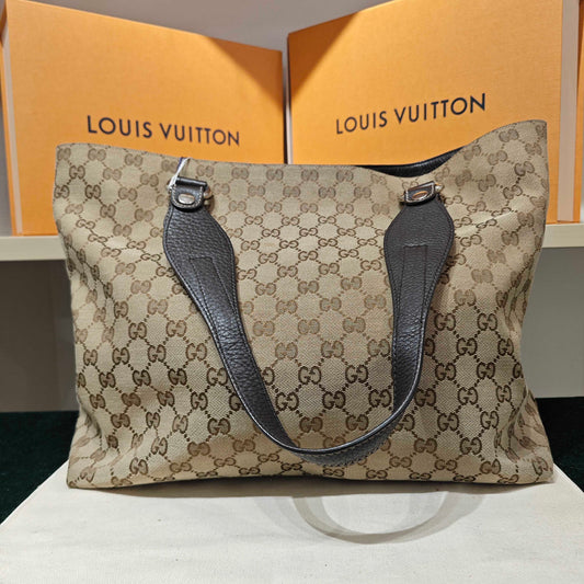 Gucci - GG Canvas Tote Bag - GG Monogram canvas and dark brown leather - Beige - (Medium)