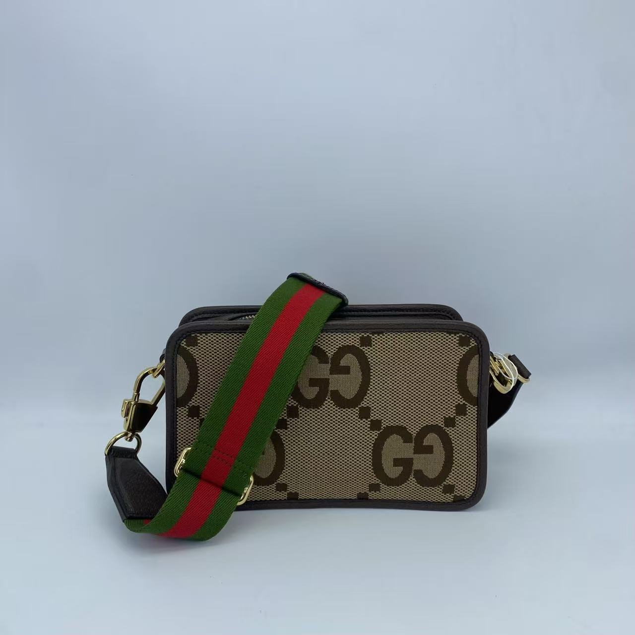 Gucci - GG Jumbo Camera Bag - Jumbo GG canvas with leather trim - Beige and Brown with Green and Red Web Strap - (Small)