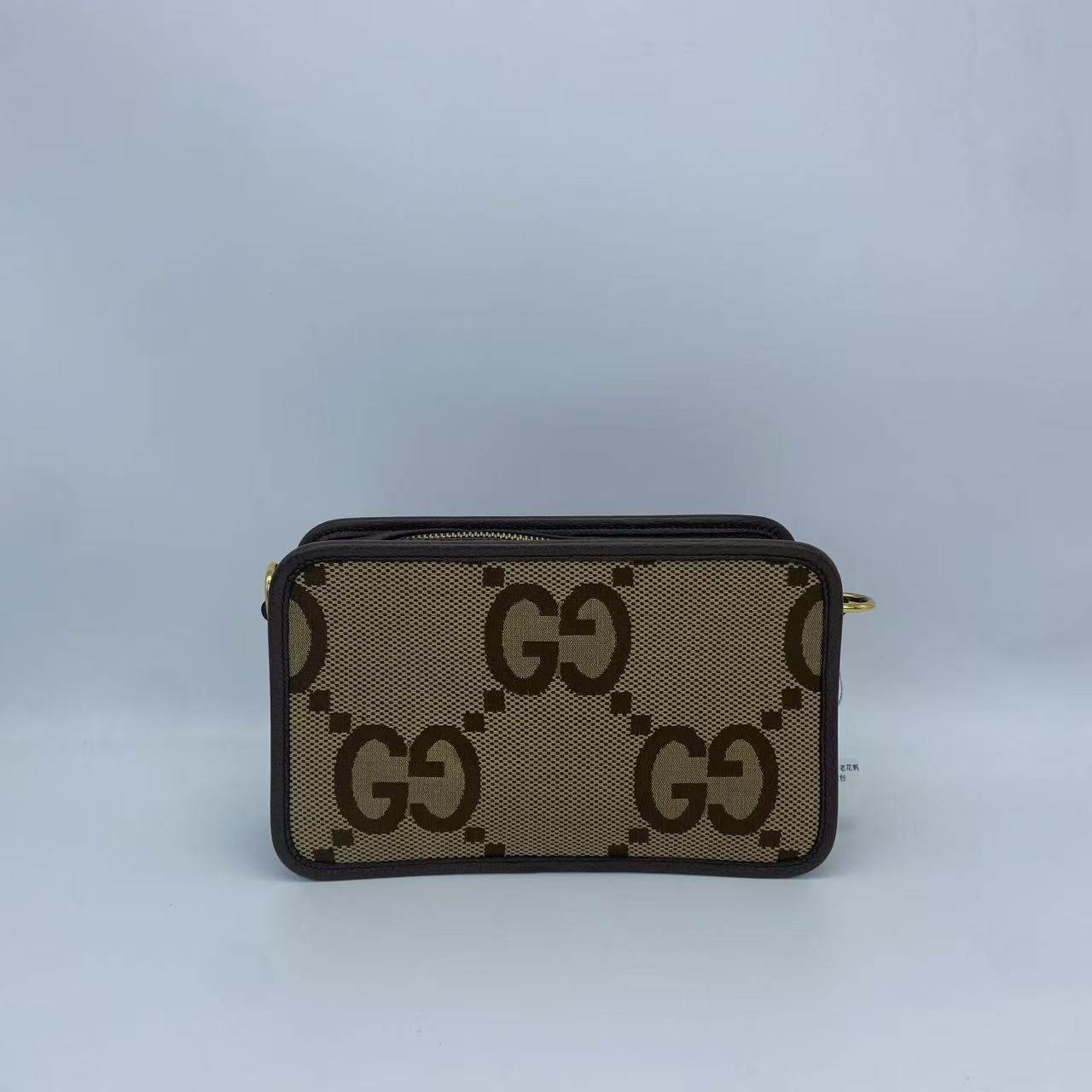 Gucci - GG Jumbo Camera Bag - Jumbo GG canvas with leather trim - Beige and Brown with Green and Red Web Strap - (Small)