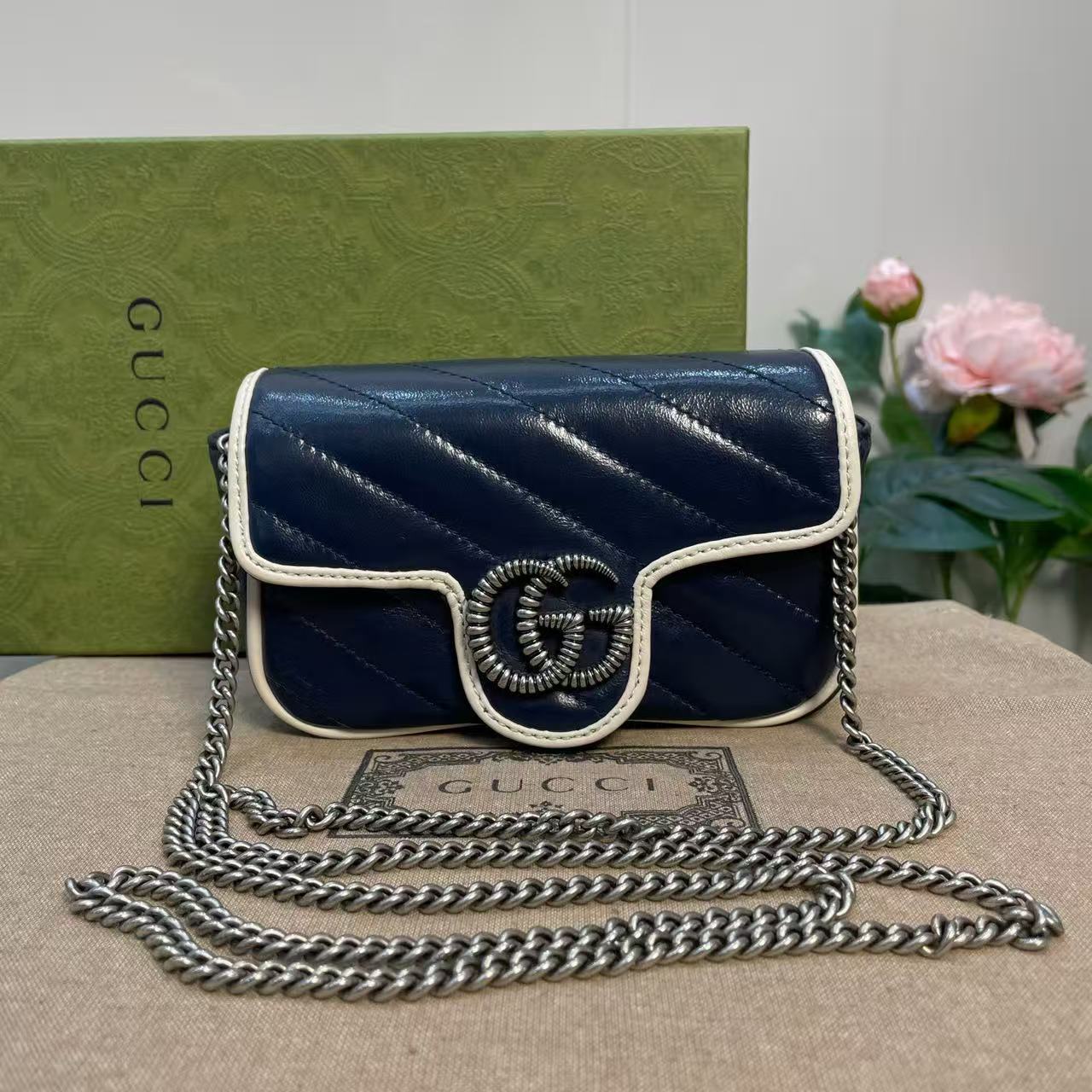 Gucci - GG Marmont Mini Chain Bag - Matelassé leather - Navy with White Trim - (Mini)