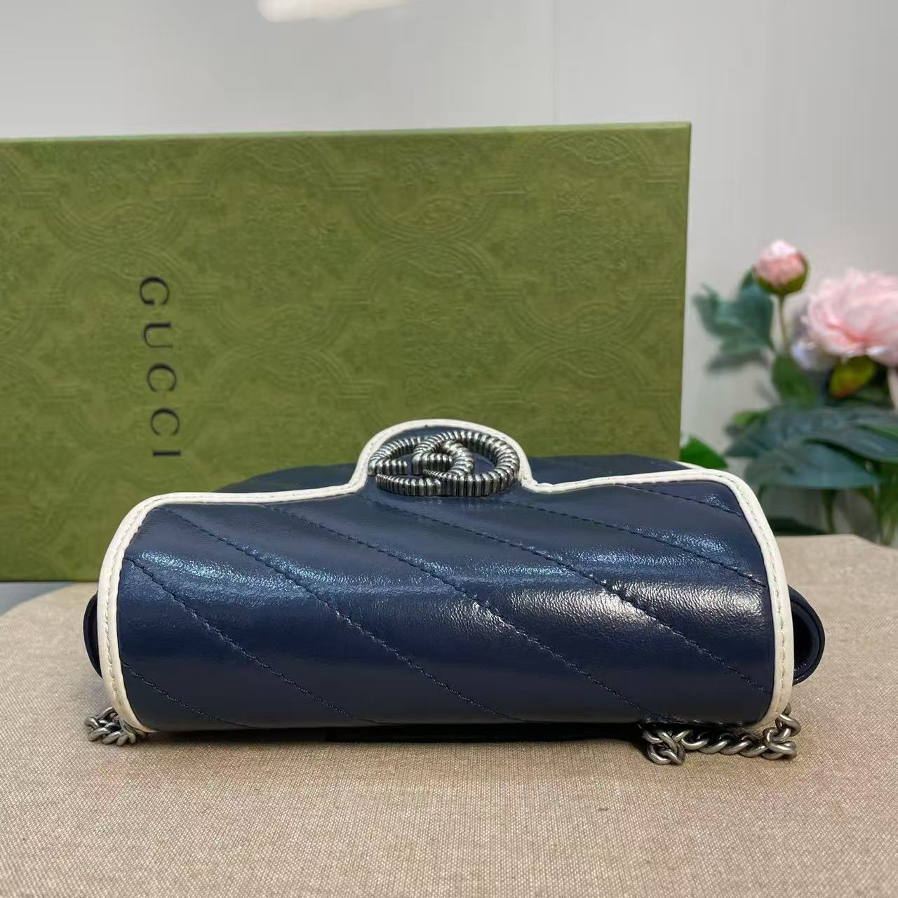 Gucci - GG Marmont Mini Chain Bag - Matelassé leather - Navy with White Trim - (Mini)