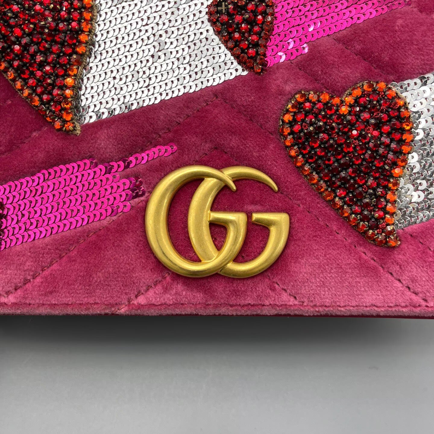 Gucci - GG Marmont Mini WOC with Rhinestone Embellishments - Velvet with leather trim - Rose Red with Gold-Tone Hardware - (mini)