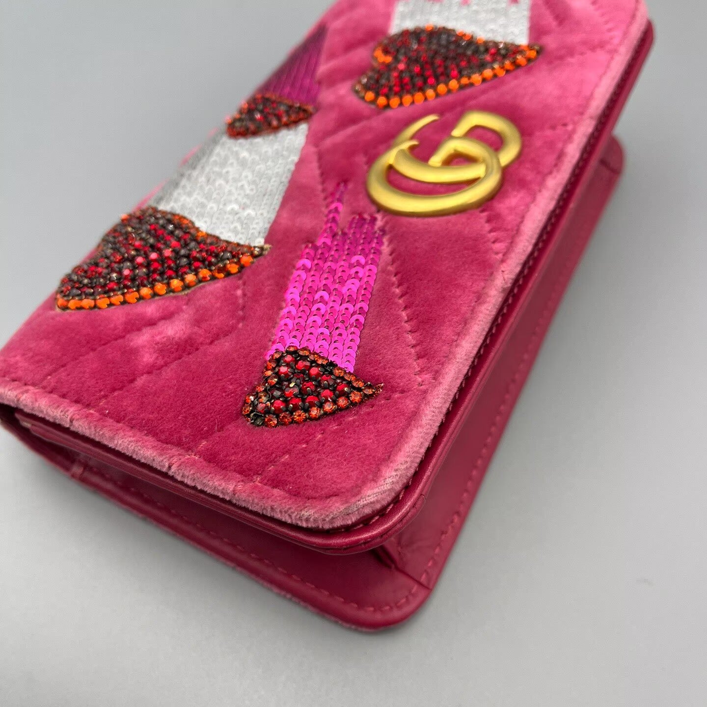 Gucci - GG Marmont Mini WOC with Rhinestone Embellishments - Velvet with leather trim - Rose Red with Gold-Tone Hardware - (mini)
