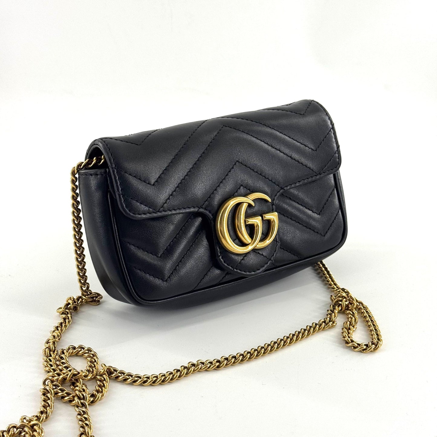 Gucci - GG Marmont Super Mini Chain Bag - Leather - Black with Gold-Tone Hardware - (mini)