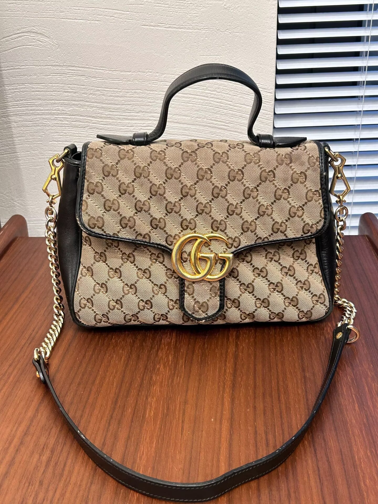 Gucci - GG Marmont Top Handle Bag - GG Monogram canvas with black leather trim - Beige, brown, and black with gold-tone hardware - (Medium)