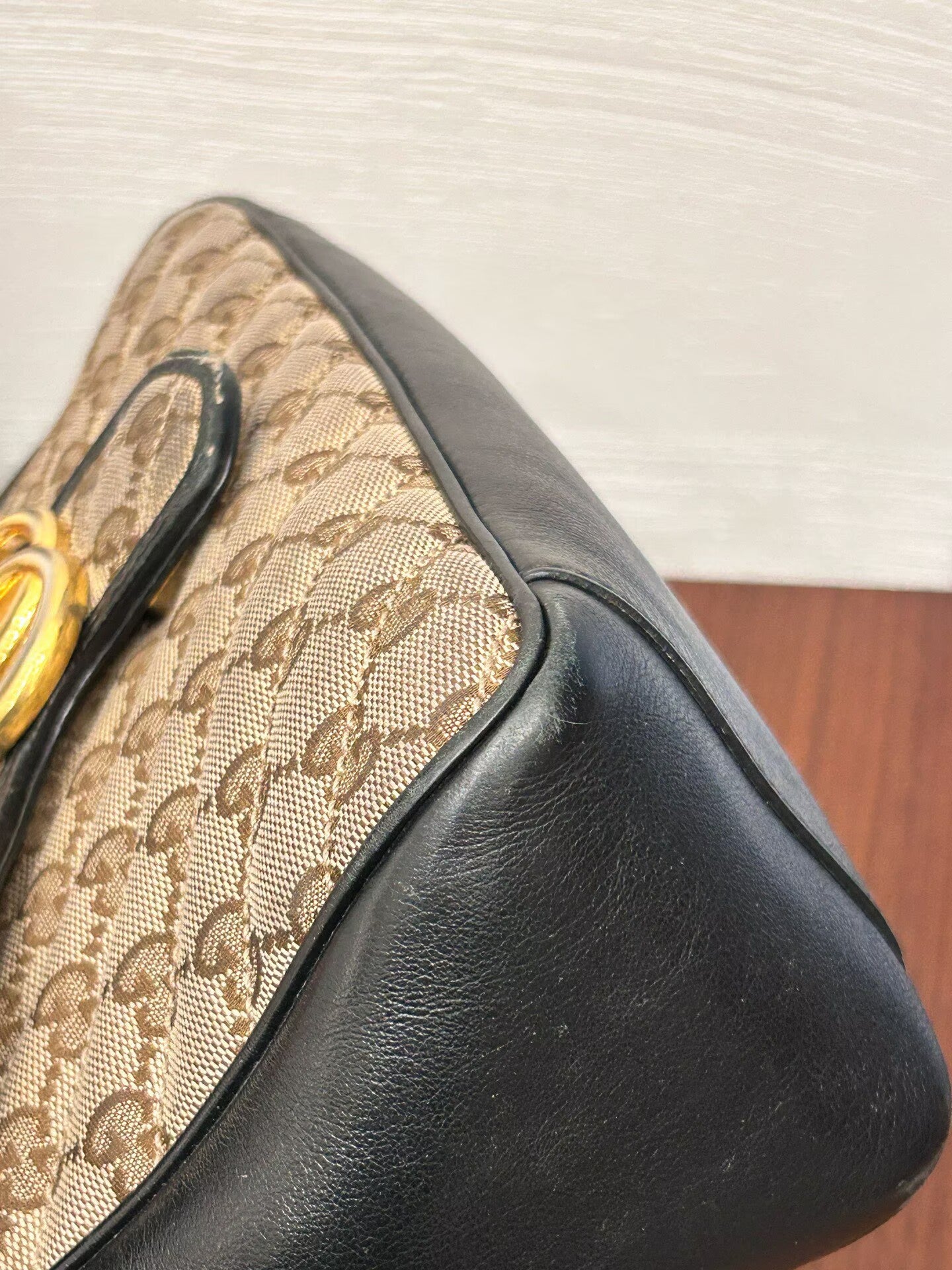Gucci - GG Marmont Top Handle Bag - GG Monogram canvas with black leather trim - Beige, brown, and black with gold-tone hardware - (Medium)