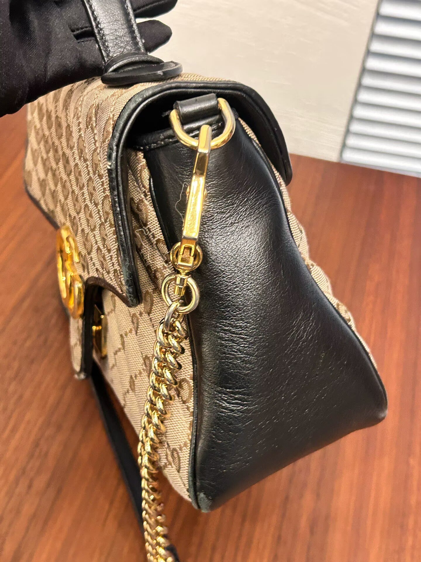 Gucci - GG Marmont Top Handle Bag - GG Monogram canvas with black leather trim - Beige, brown, and black with gold-tone hardware - (Medium)