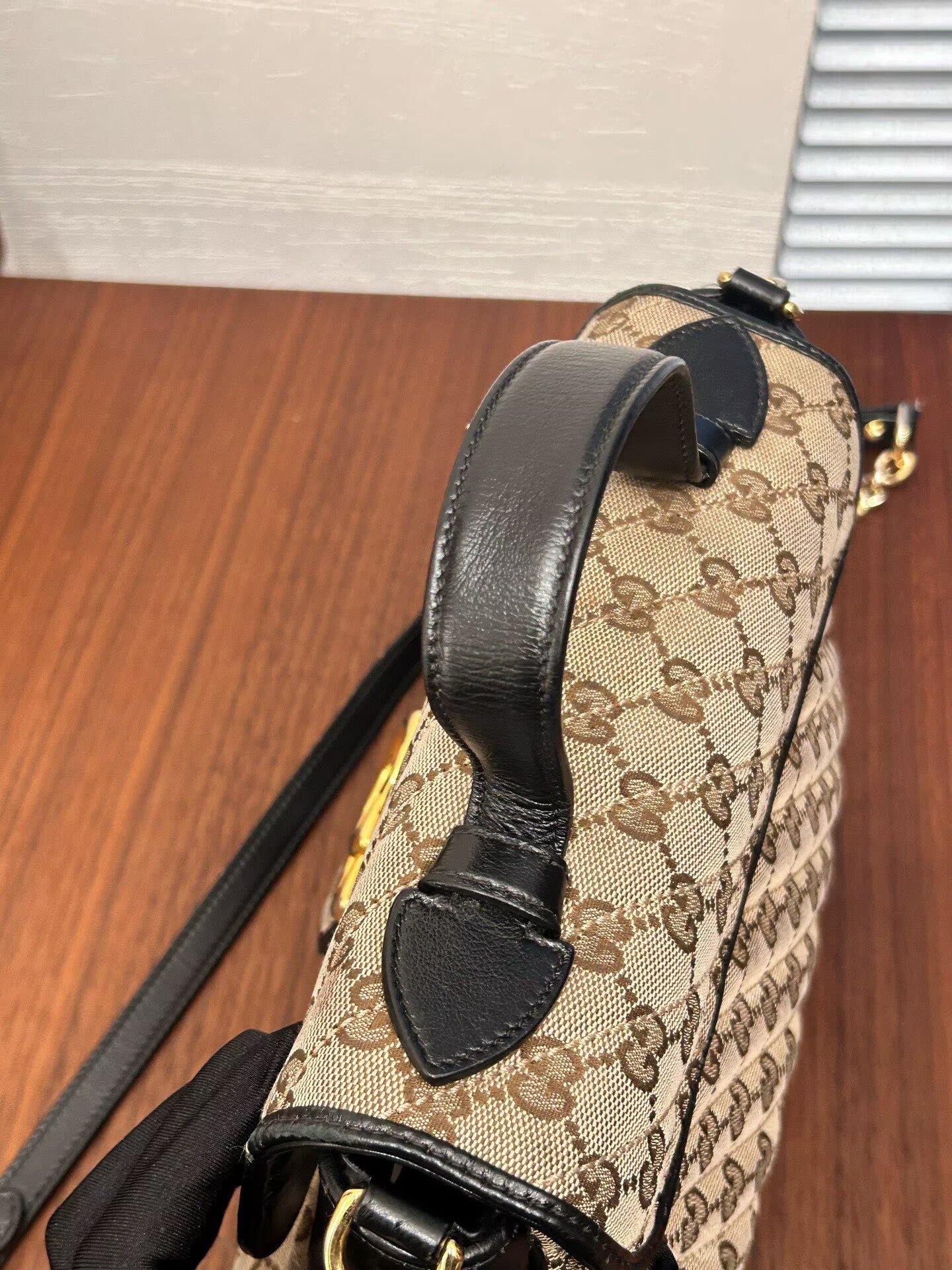 Gucci - GG Marmont Top Handle Bag - GG Monogram canvas with black leather trim - Beige, brown, and black with gold-tone hardware - (Medium)