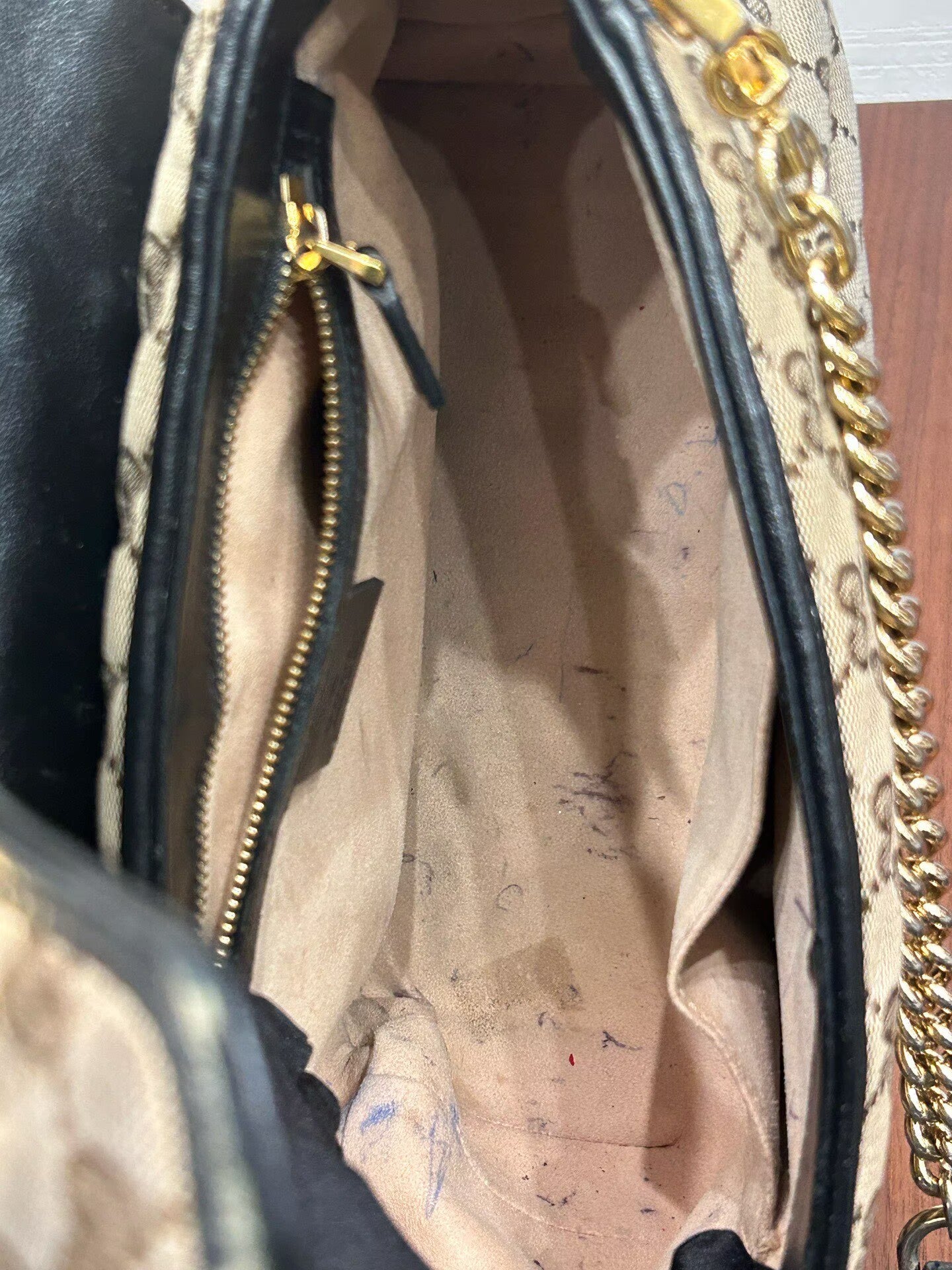 Gucci - GG Marmont Top Handle Bag - GG Monogram canvas with black leather trim - Beige, brown, and black with gold-tone hardware - (Medium)