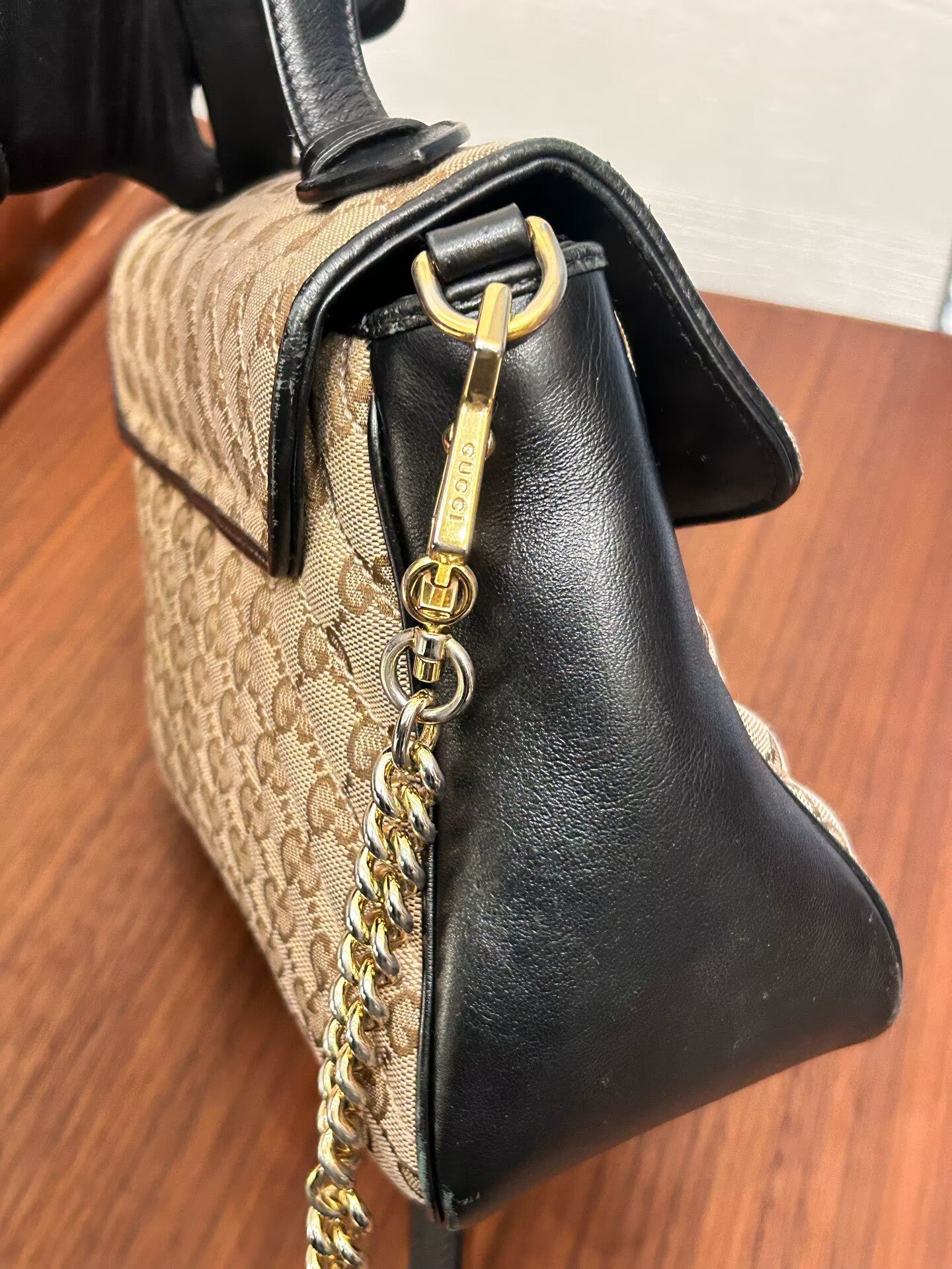 Gucci - GG Marmont Top Handle Bag - GG Monogram canvas with black leather trim - Beige, brown, and black with gold-tone hardware - (Medium)