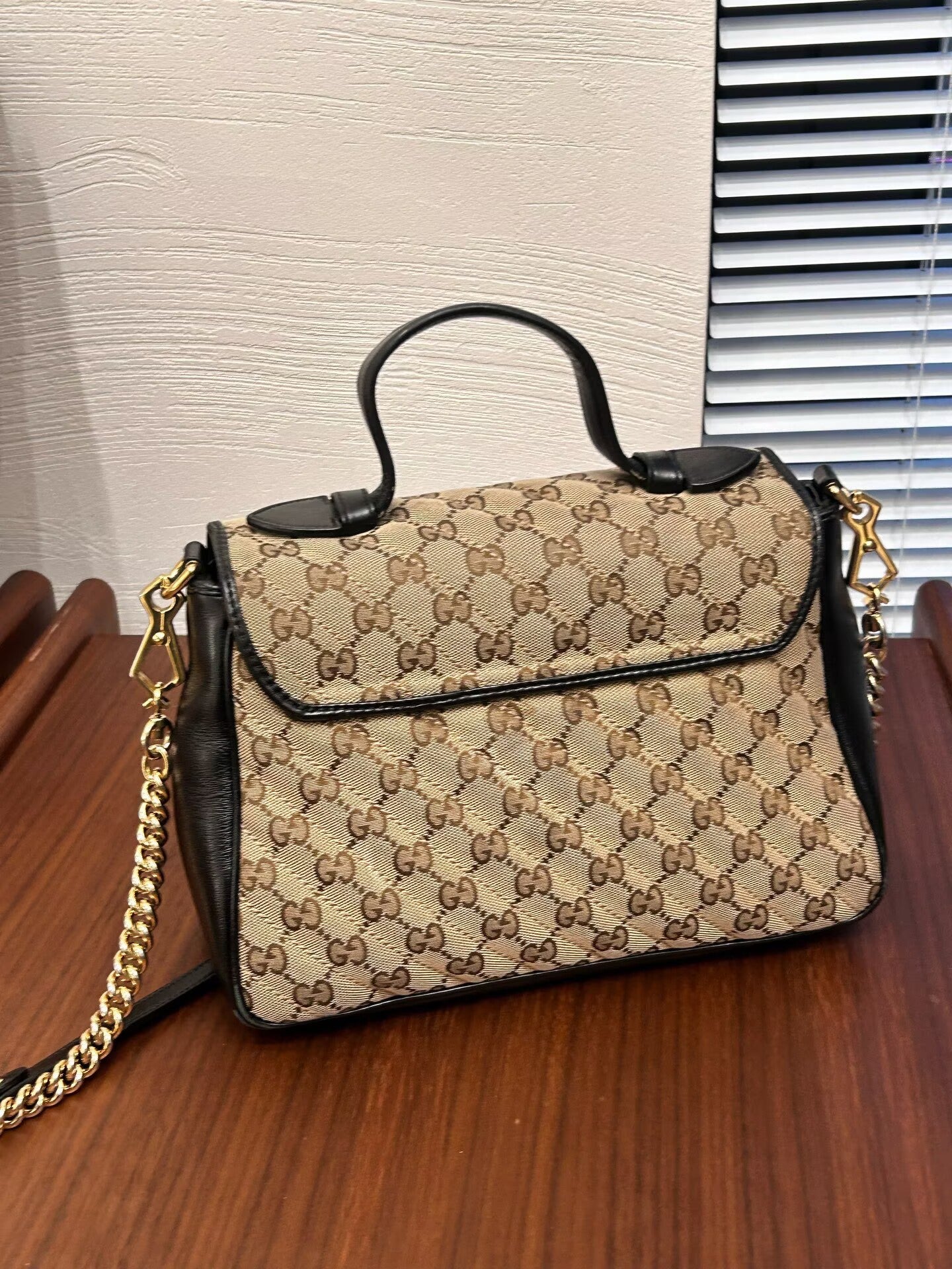 Gucci - GG Marmont Top Handle Bag - GG Monogram canvas with black leather trim - Beige, brown, and black with gold-tone hardware - (Medium)
