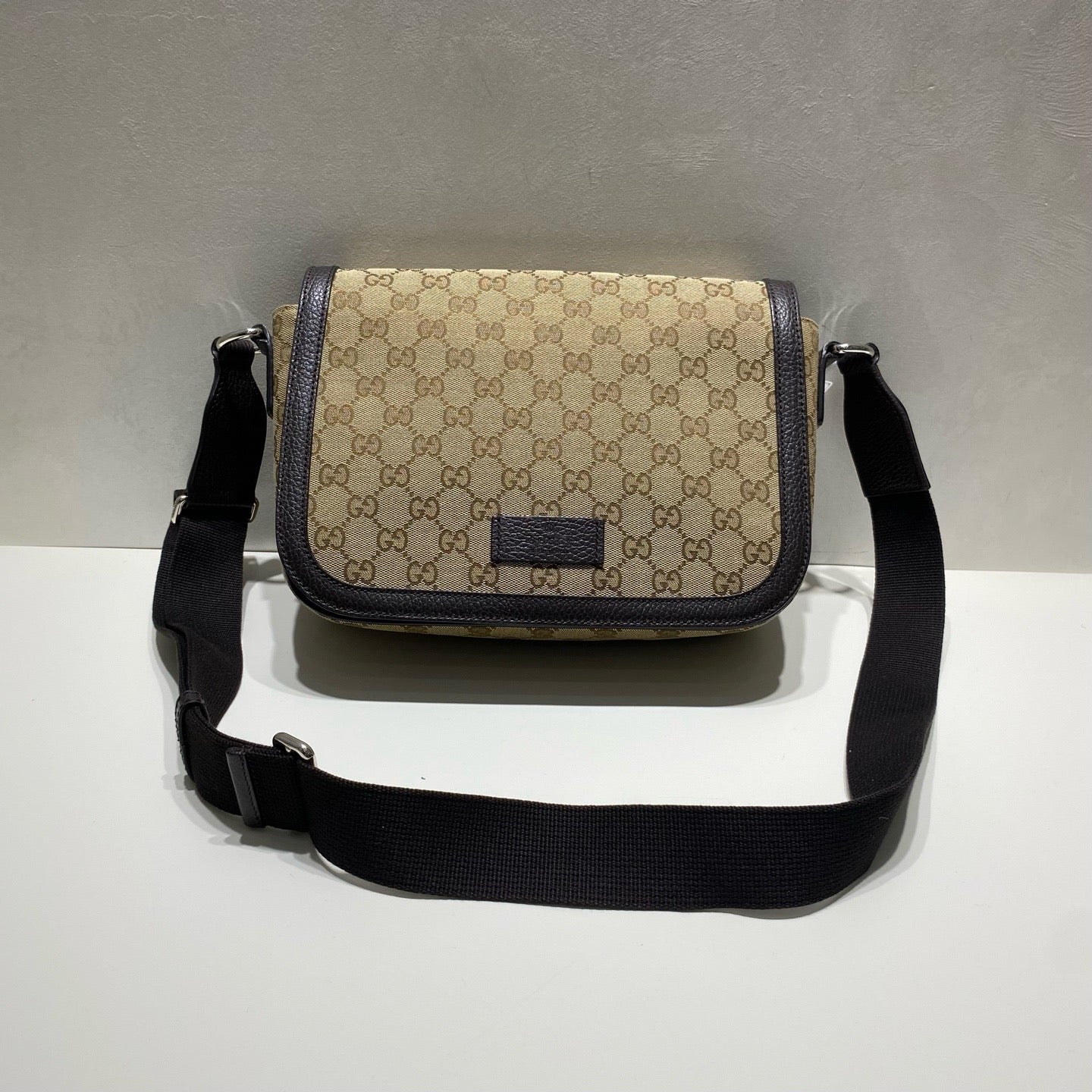 Gucci - GG Monogram Canvas Flap Messenger Bag - Canvas and Leather - Beige with Black trim - (medium)
