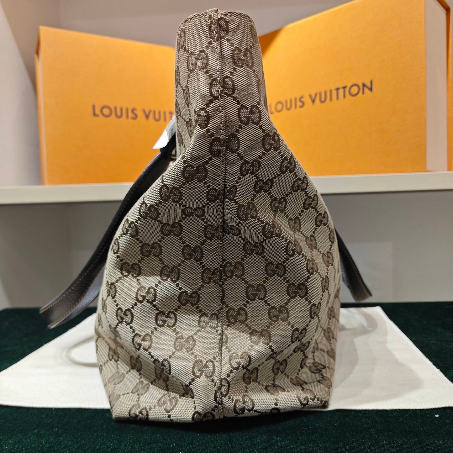 Gucci - GG Monogram Canvas Tote Bag - GG canvas with leather trim - Beige with dark brown trim - (Medium)