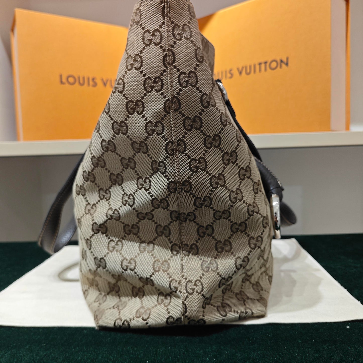 Gucci - GG Monogram Canvas Tote Bag - GG canvas with leather trim - Beige with dark brown trim - (Medium)